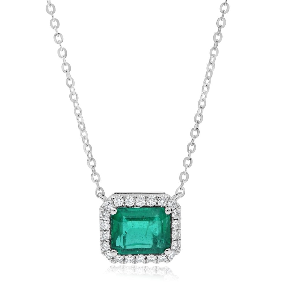 2.74 ct. Emerald & 0.28 ct. Diamond 18K White Gold Halo Pendant Necklace 18"