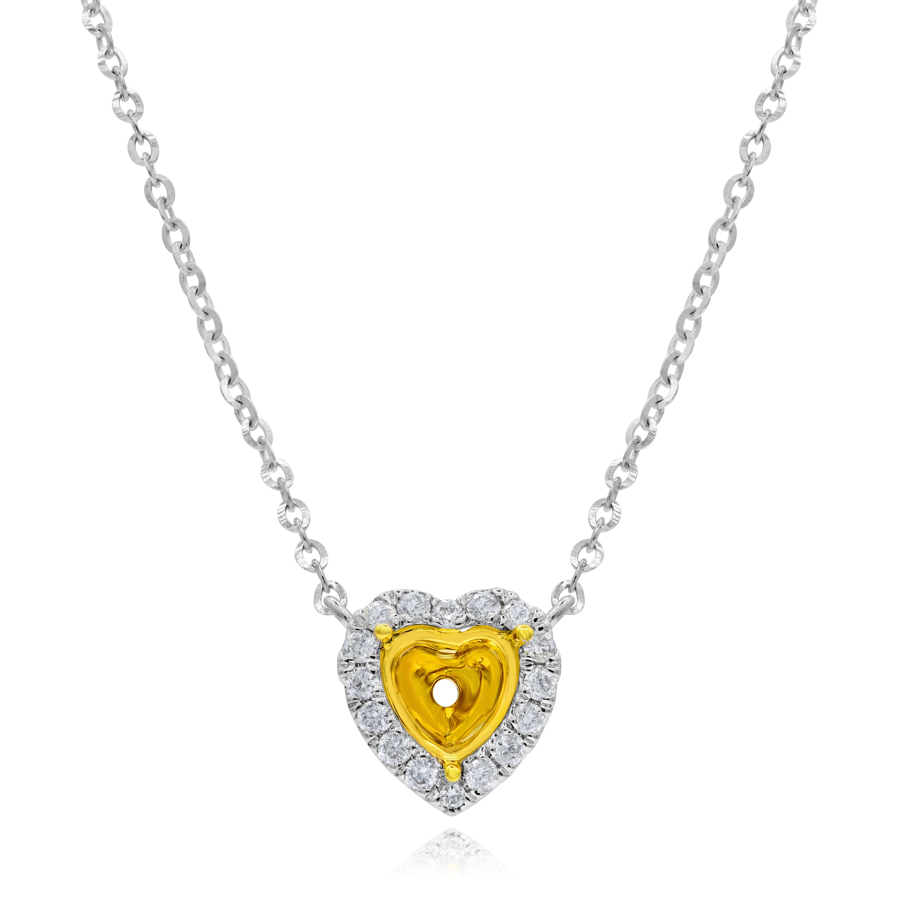 0.14 ct. Diamond 14K Two Tone Gold Heart Pendant Mounting Necklace 18"