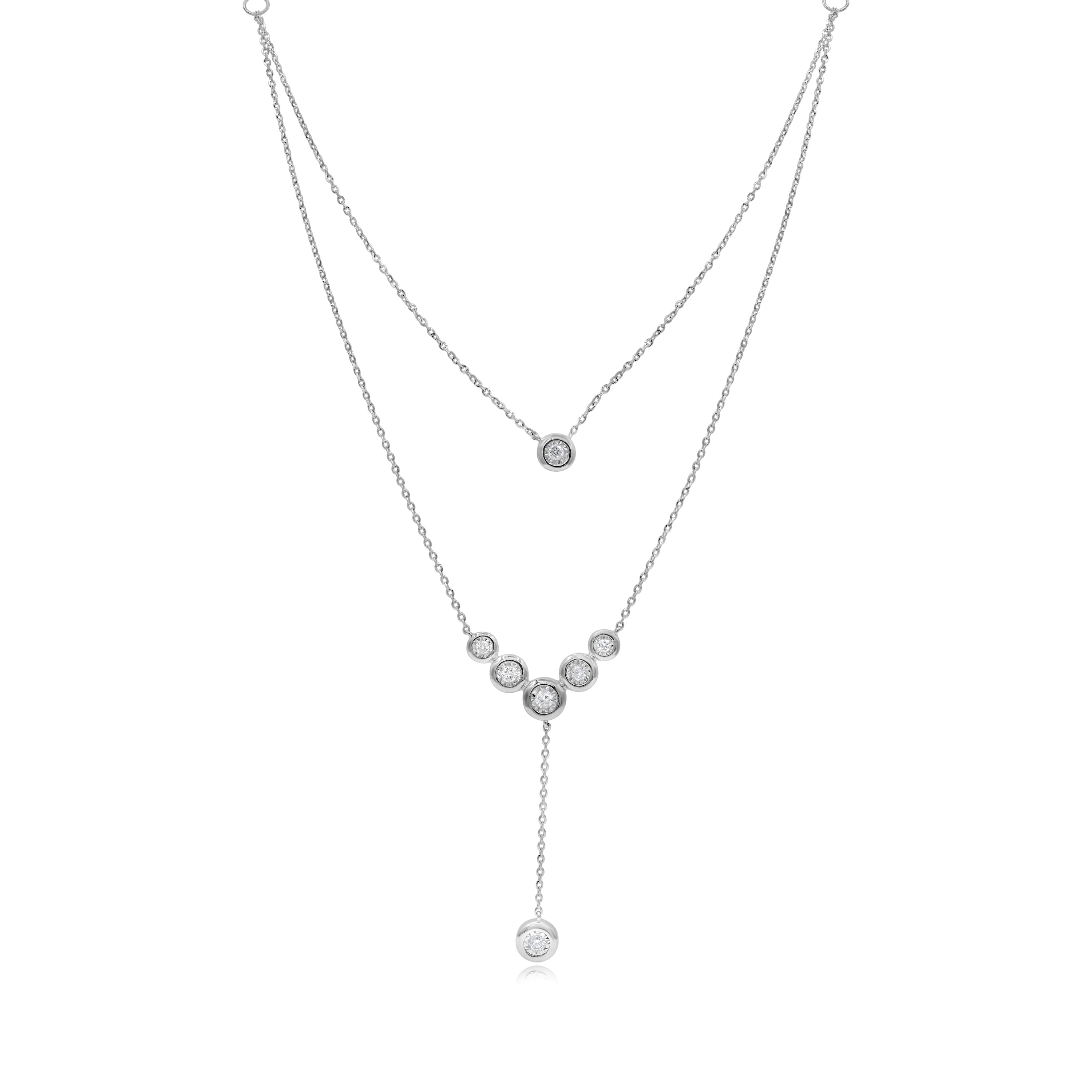 0.27 ct. Diamond 14K White Gold Multilayer Adjustable Y Layered Chain Pendant Necklaces 18"