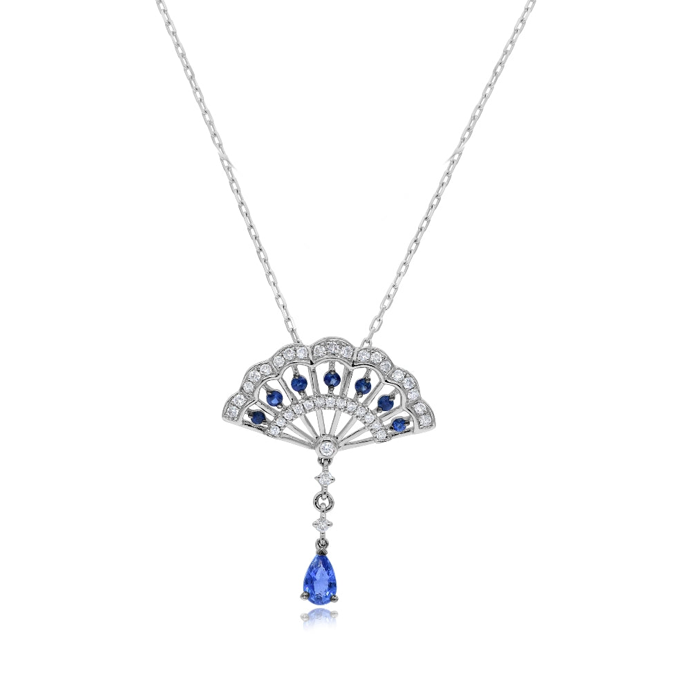 0.42 ct. Sapphire & 0.18 ct. Diamond 14K White Gold Fan-Shaped Drop Necklace