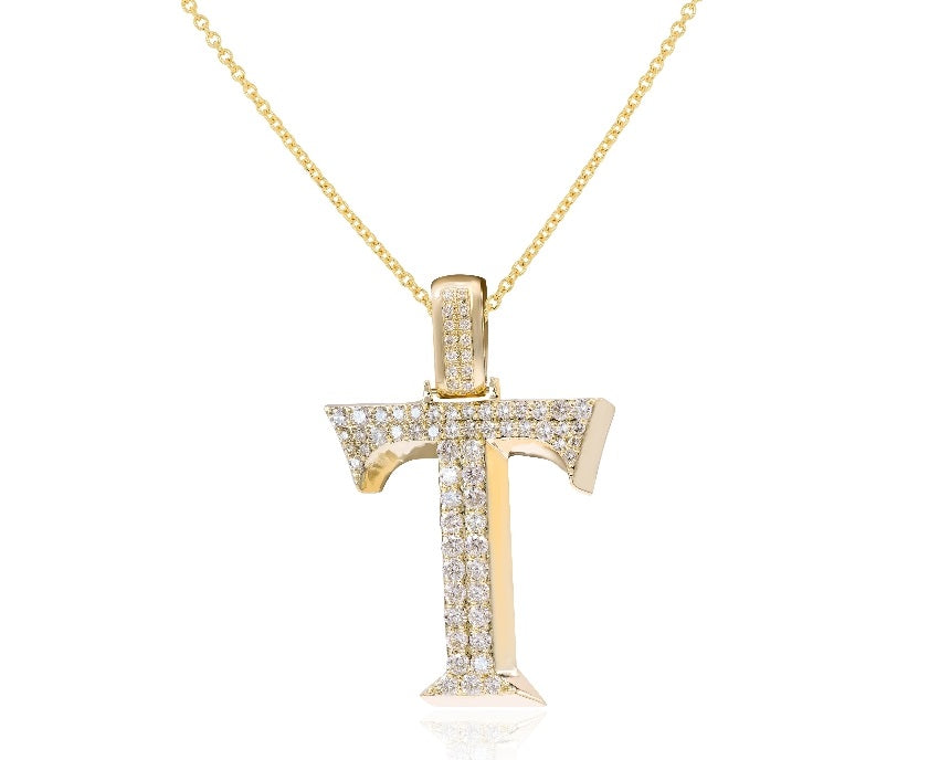 1.55 ct. Diamond 14K Yellow Gold 'T' 3D Initial Pendant
