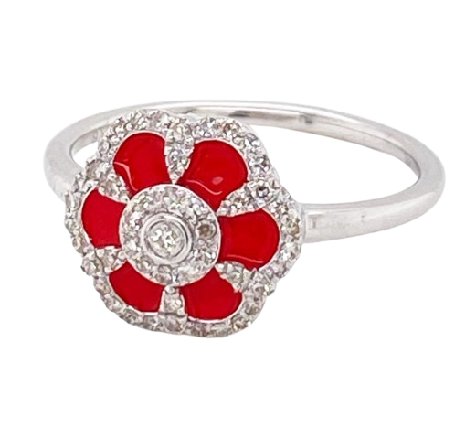0.21 ct. Diamond 14K White Gold Red Enamel Flower Ring
