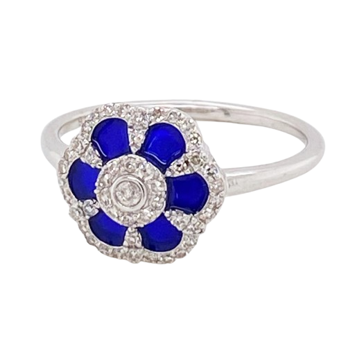 0.21 ct. Diamond 14K White Gold Blue Enamel Flower Ring