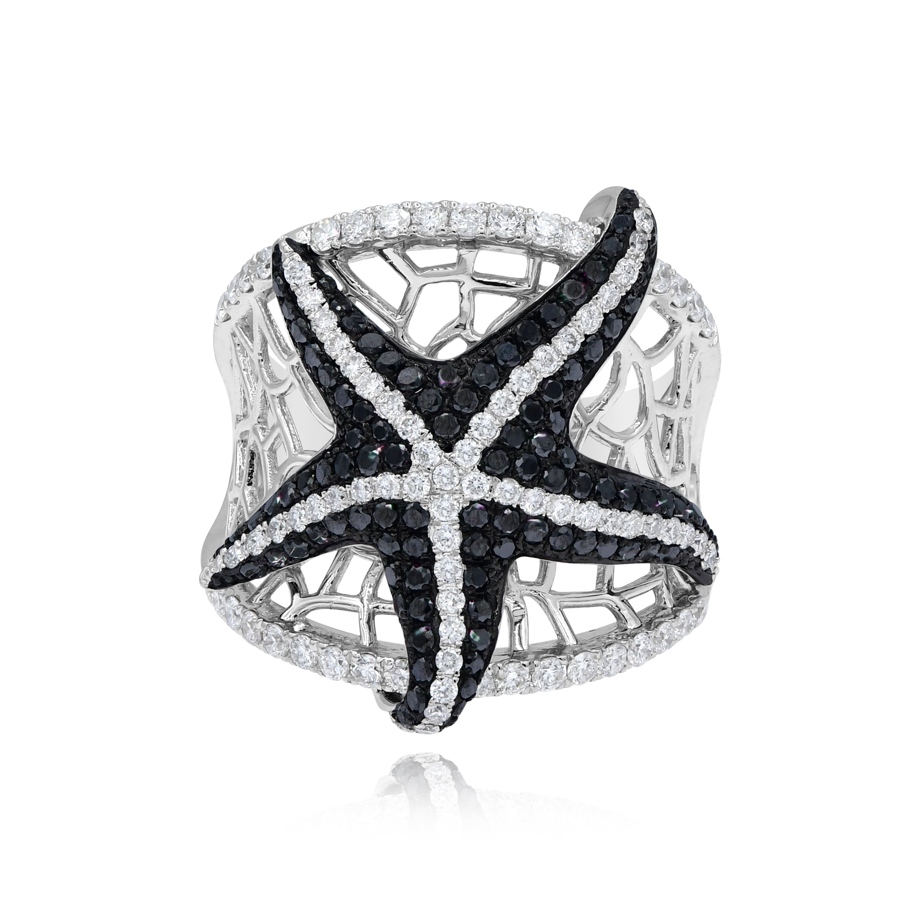 0.68 ct. Black Diamond & 0.88 ct. Diamond 14K White Gold Starfish Wide Mesh Ring