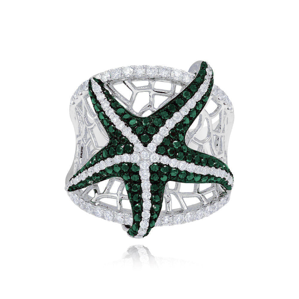 0.54 ct. Emerald & 0.87 ct. Diamond 14K White Gold Starfish Wide Mesh Ring