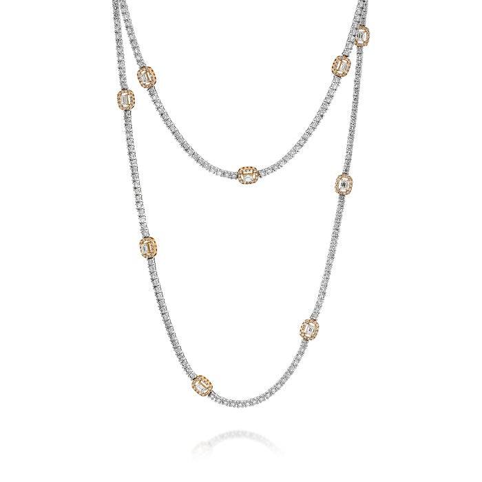 10.99 ct. Diamond 18K Two Tone Gold Stone Station Tennis Necklace 32"