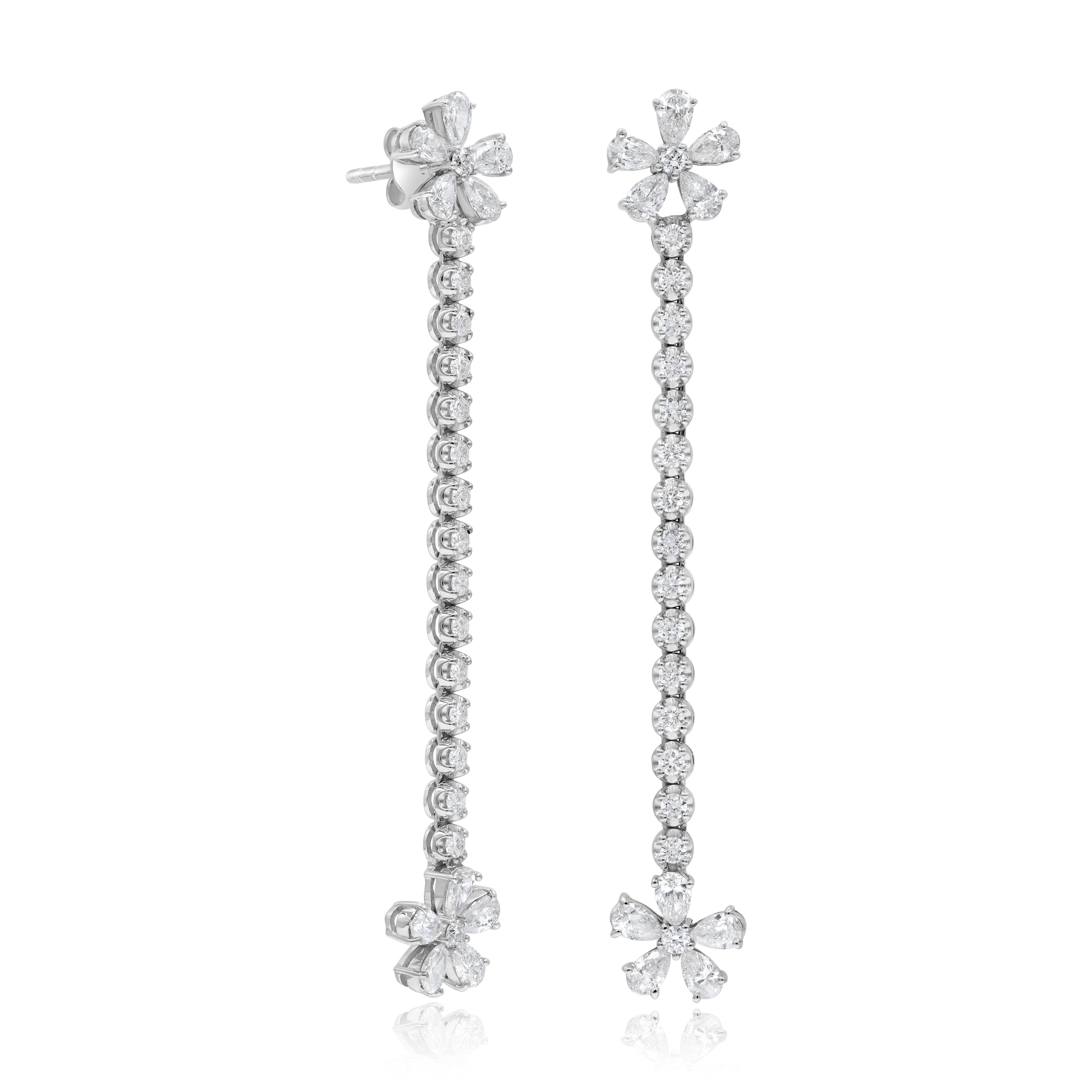 3.17 ct. Diamond 18K White Gold Flower Dangle Drop Earrings