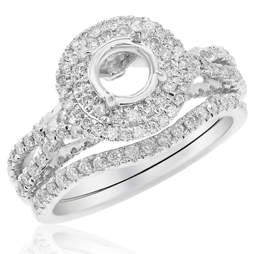 1.12 ct. Diamond Cathedral Split Shank Floating Double Round Halo Ring With Matching Band