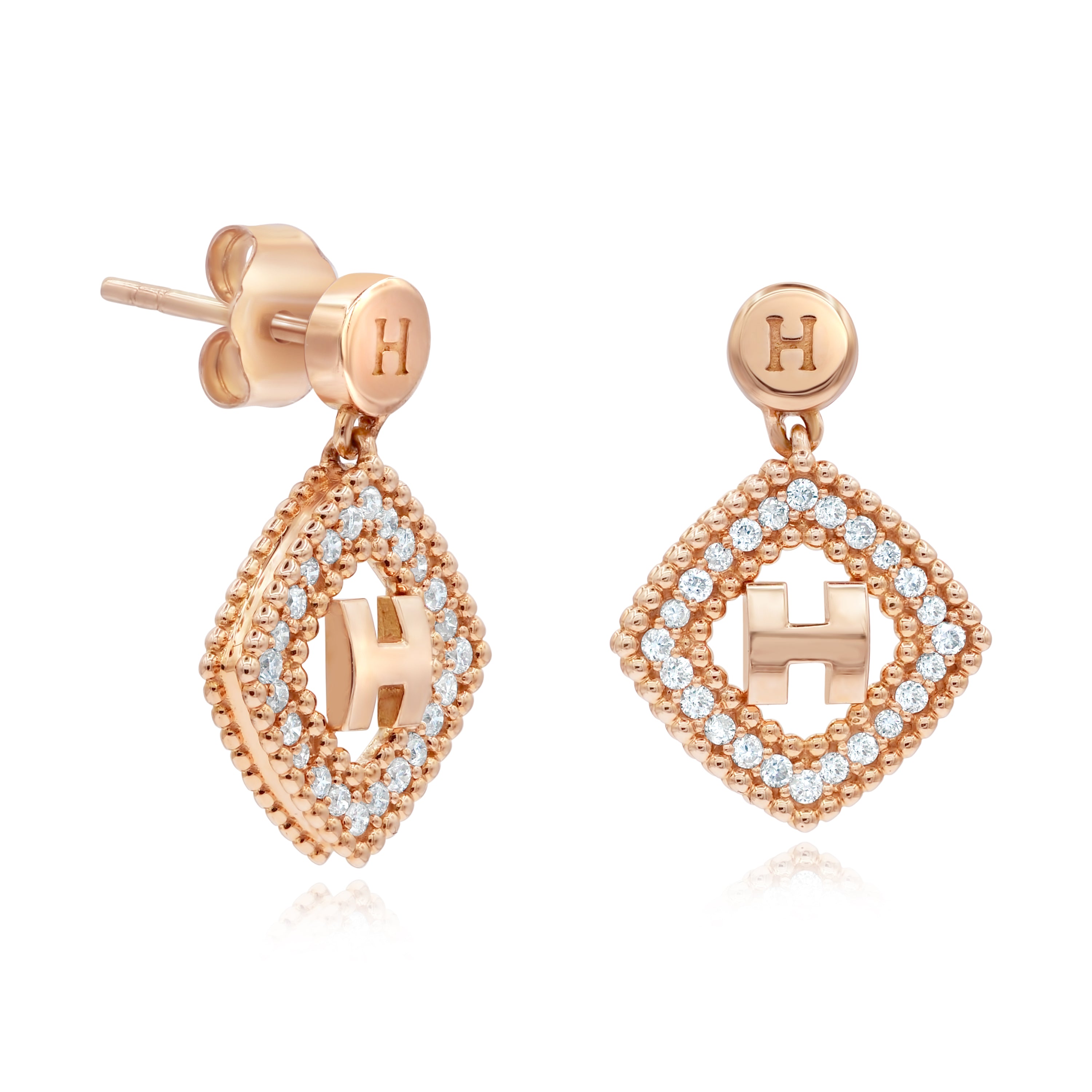 0.29 ct. Diamond 18K Rose Gold H Initial Stud Dangle Earrings
