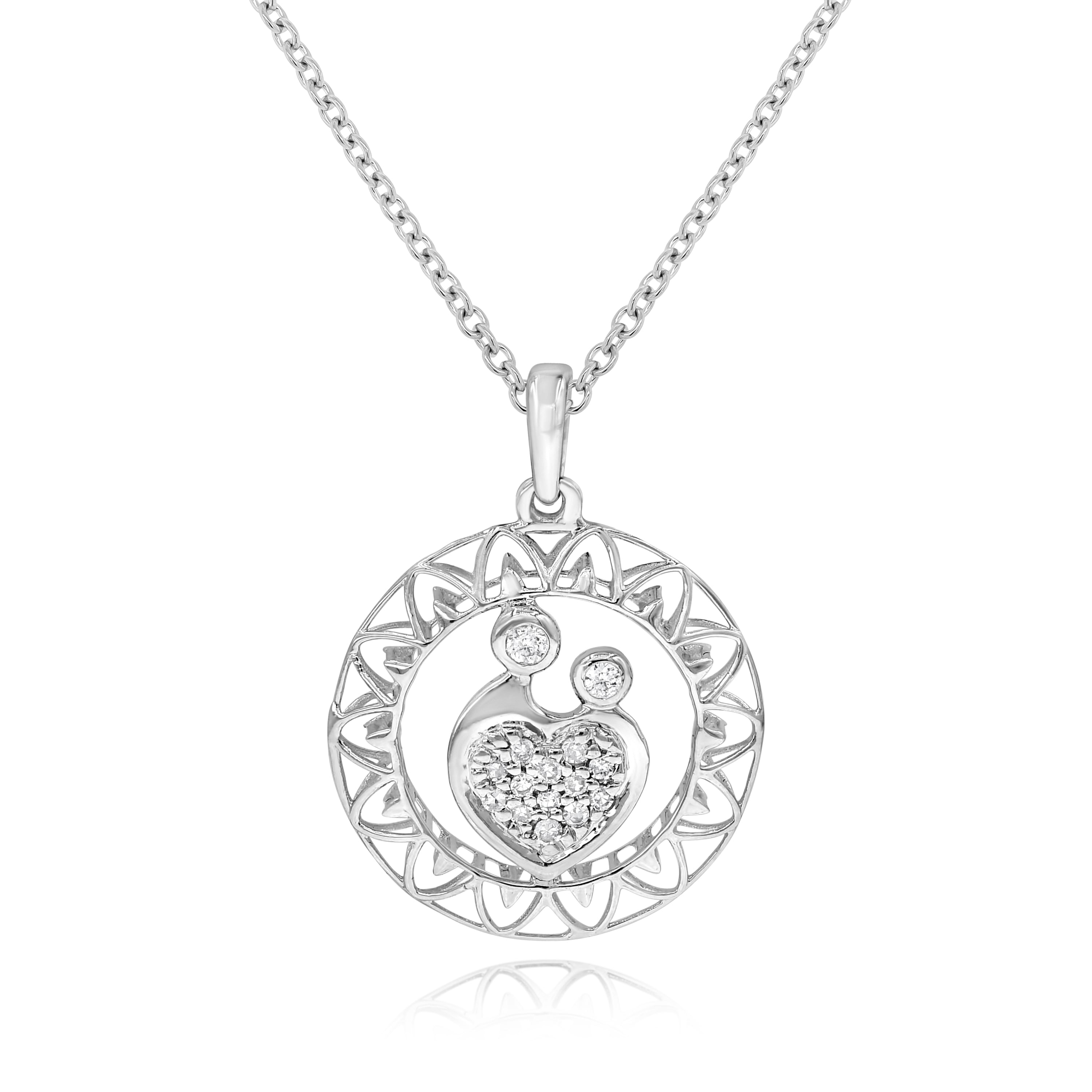 0.08 ct. Diamond 14K White Gold 3D Double Love Bird Circular Fun Pendant
