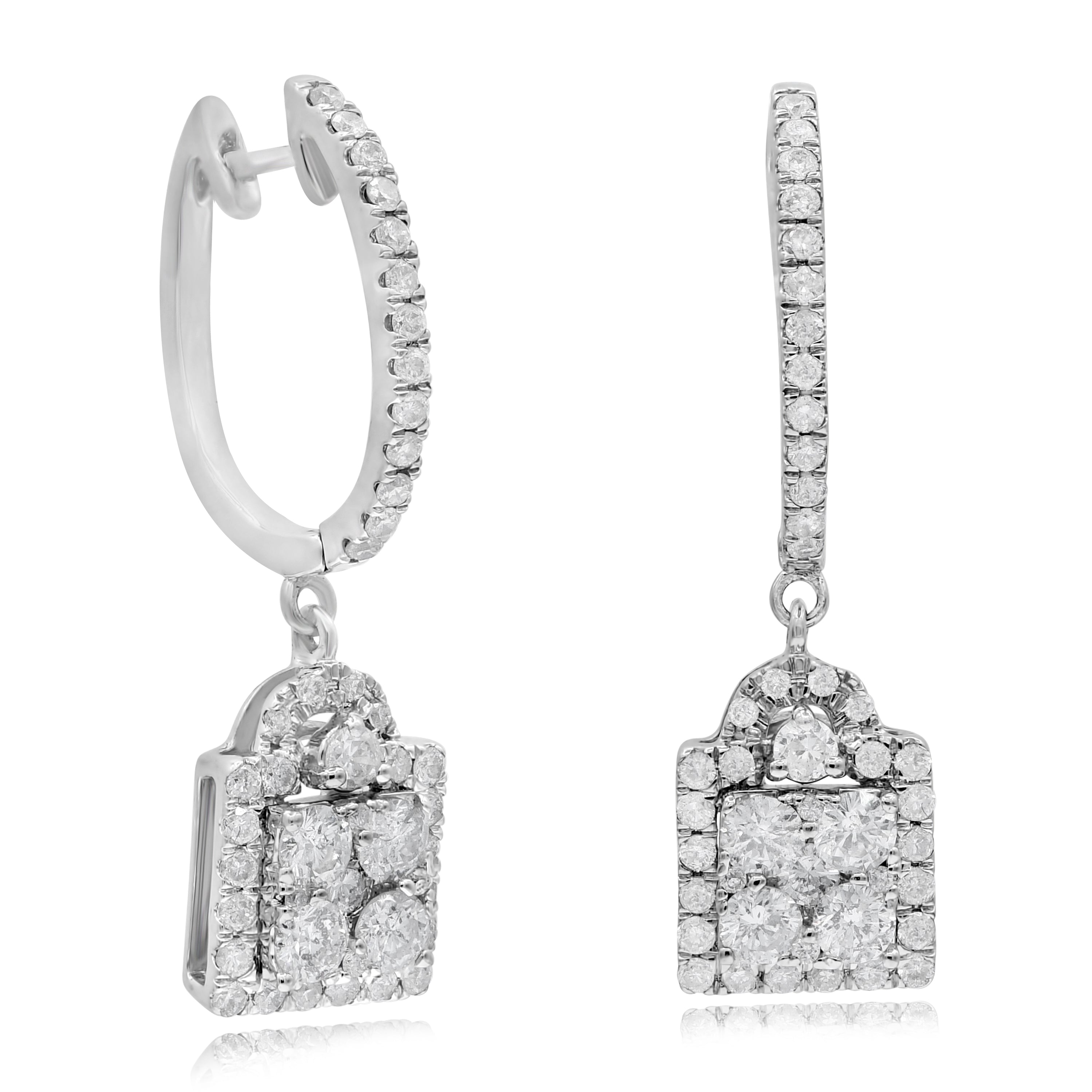 1.3 ct. Diamond 14K White Gold Square Soleil Cluster Dangle Huggies Earrings