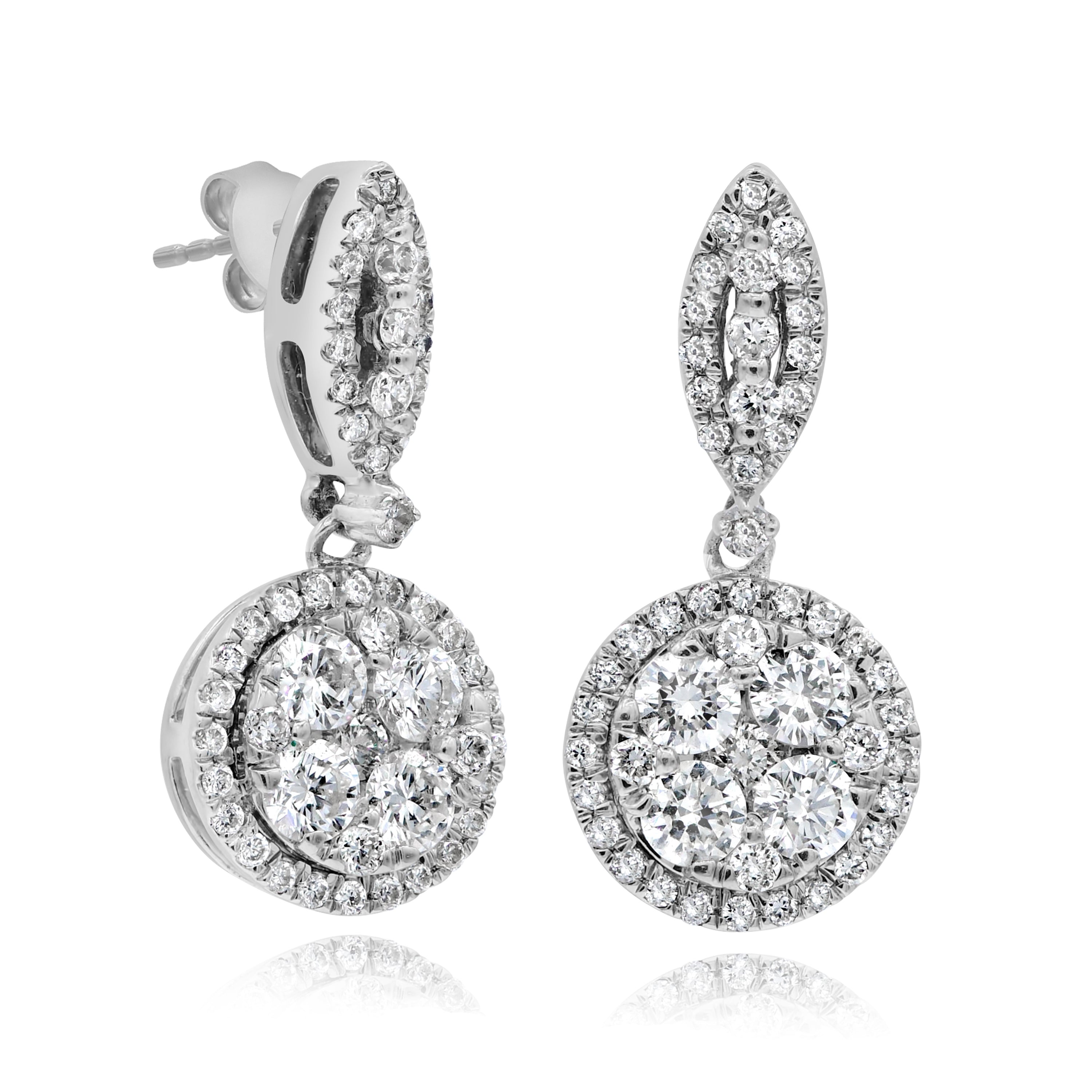 1.18 ct. Diamond 18K White Gold Illusion Halos Head Dangling Earrings