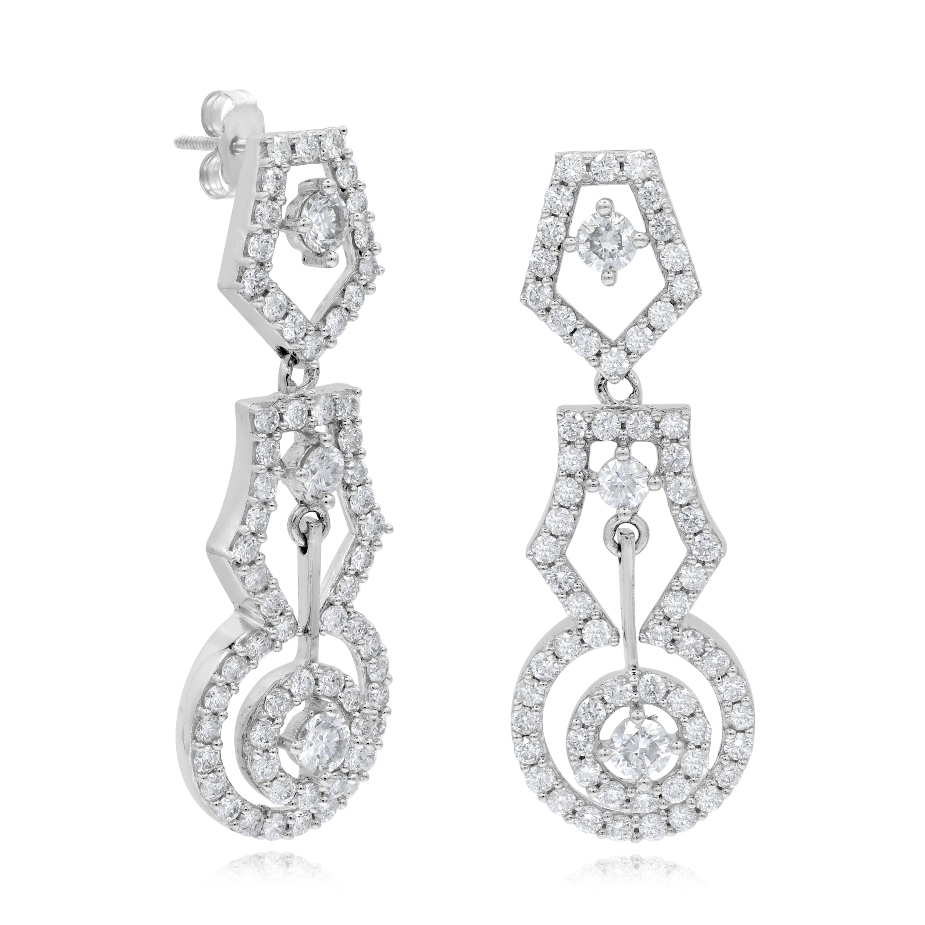 1.87 ct. Diamond 14K White Gold Solitaire Double Halo Pentagon Hanging Earrings