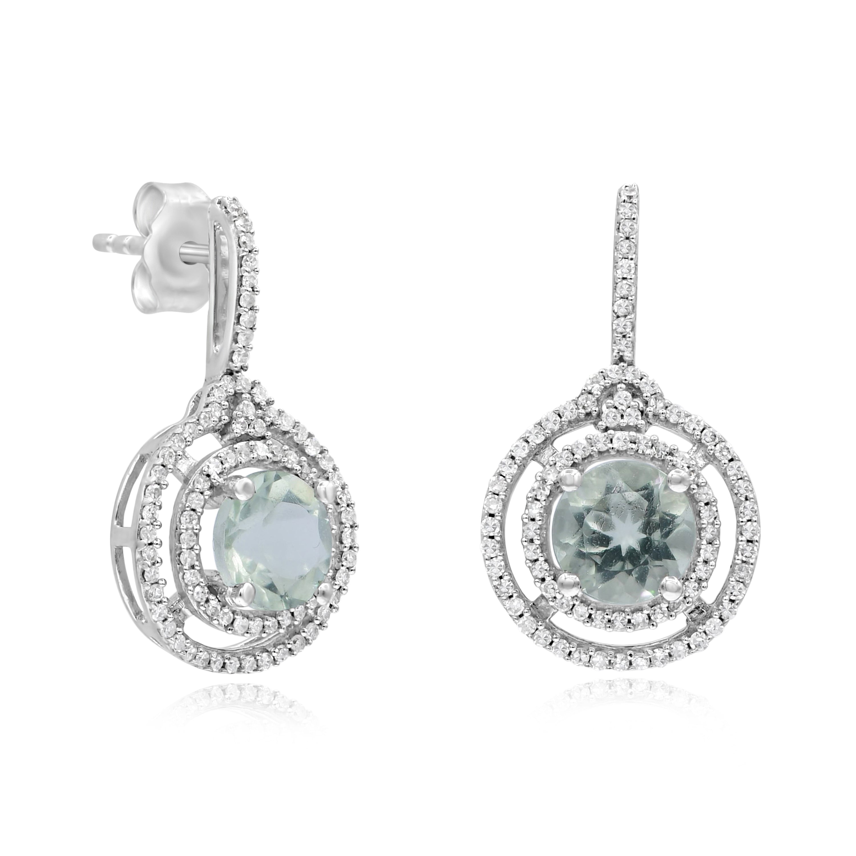 1.52 ct. Green Amethyst & 0.35 ct. Diamond 14K White Gold Earring