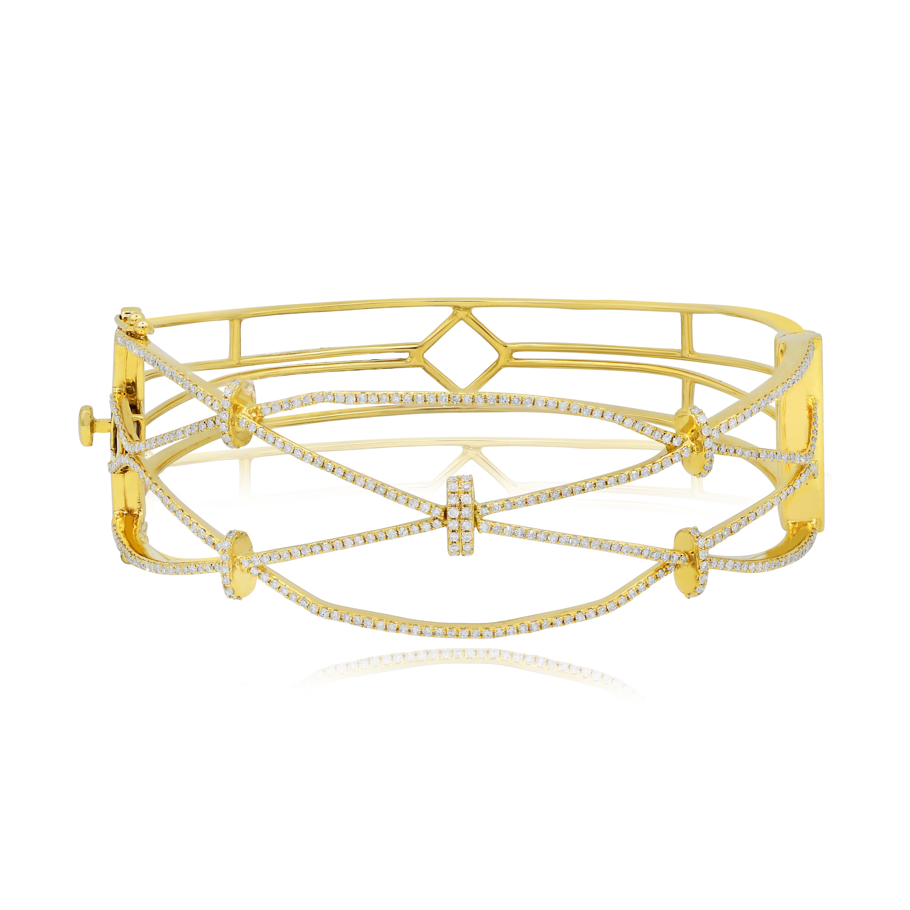 1.35 ct. Diamond 18K Yellow Gold Crisscross Cable Design Hinged Bangle Bracelet