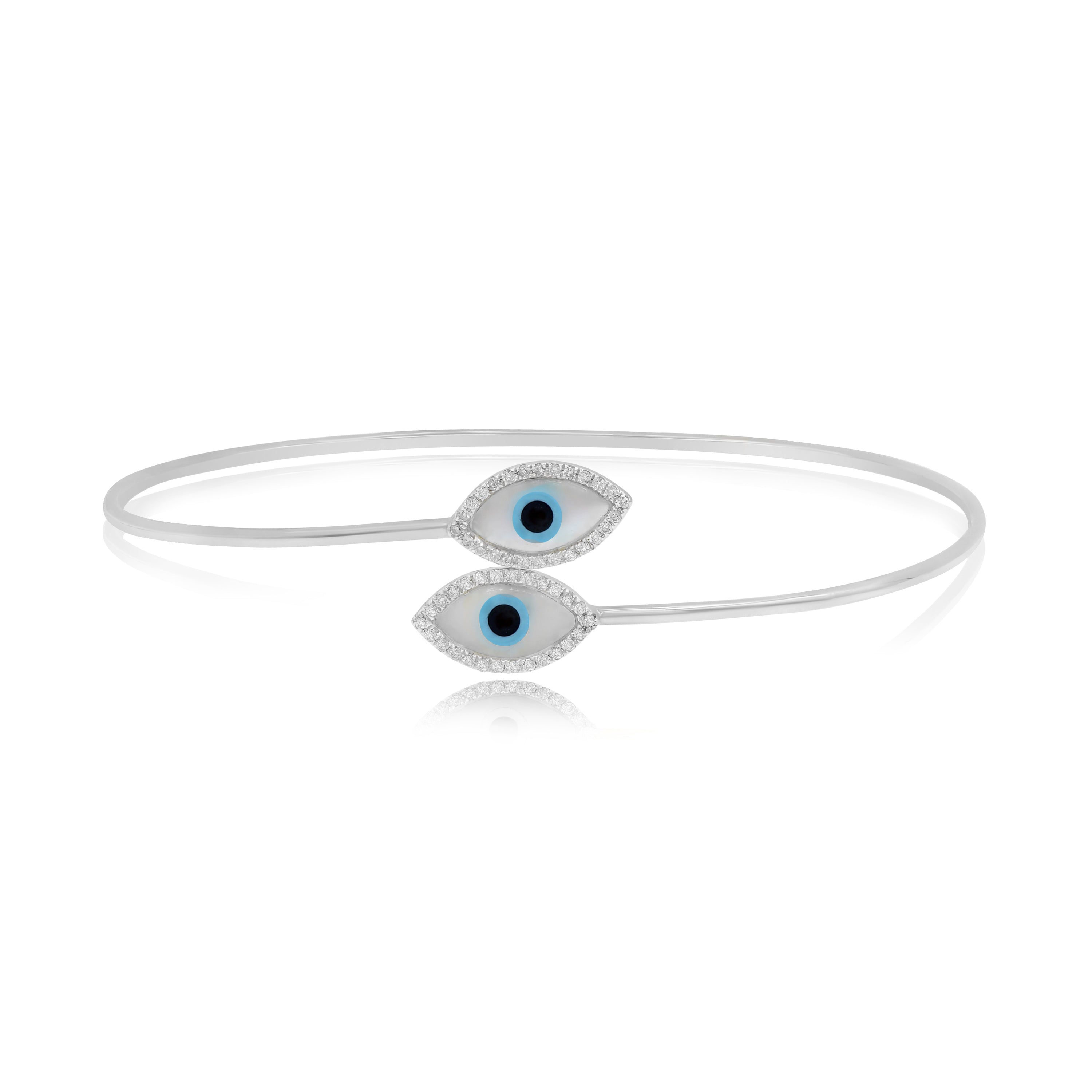 0.17 ct. Pave Diamond 1.38 ct. Peael Hamsa Evil Eye 14K White Gold Bypass Stackable Bangle Bracelet