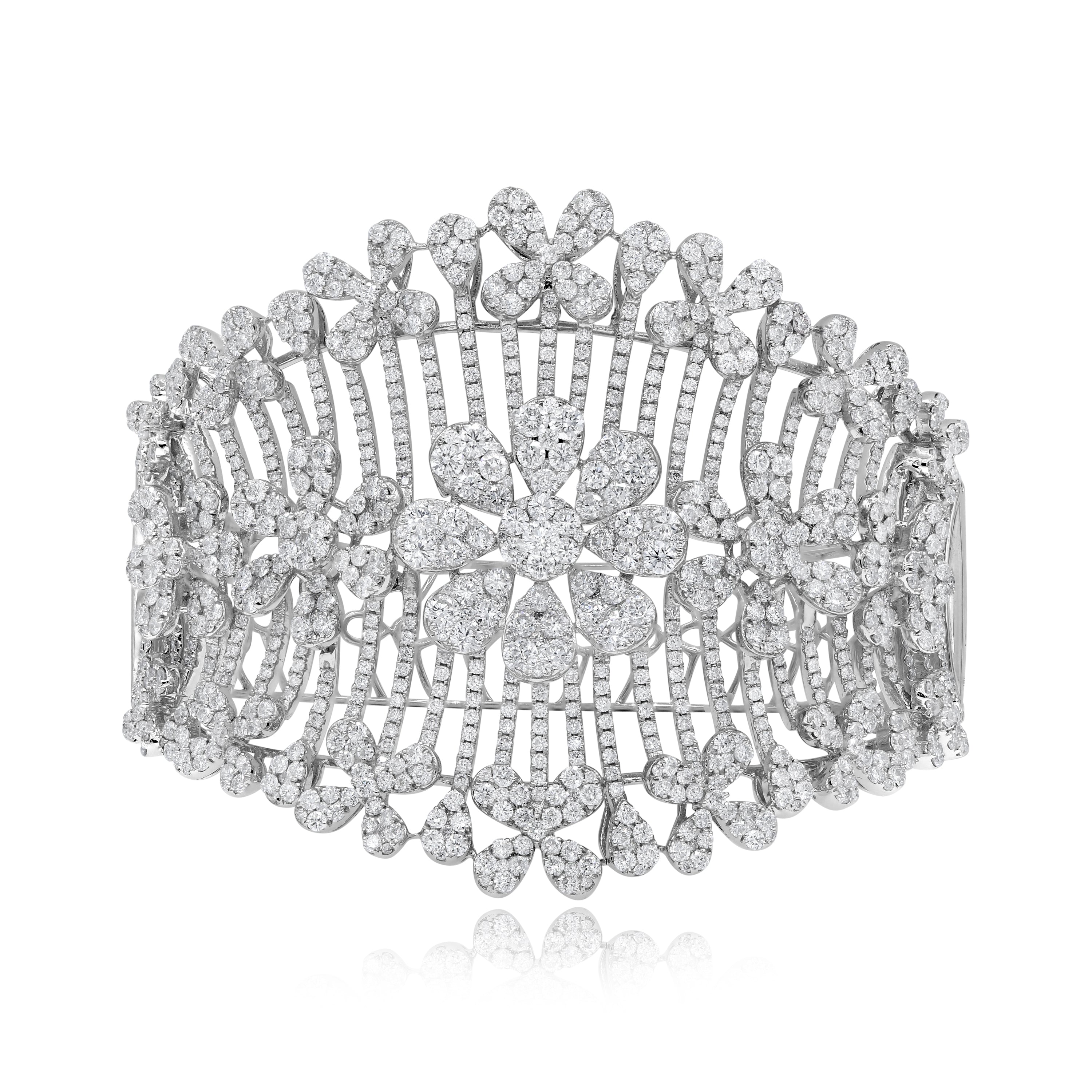 12.33 ct. Diamond 18K White Gold Flower Cuff Bracelet