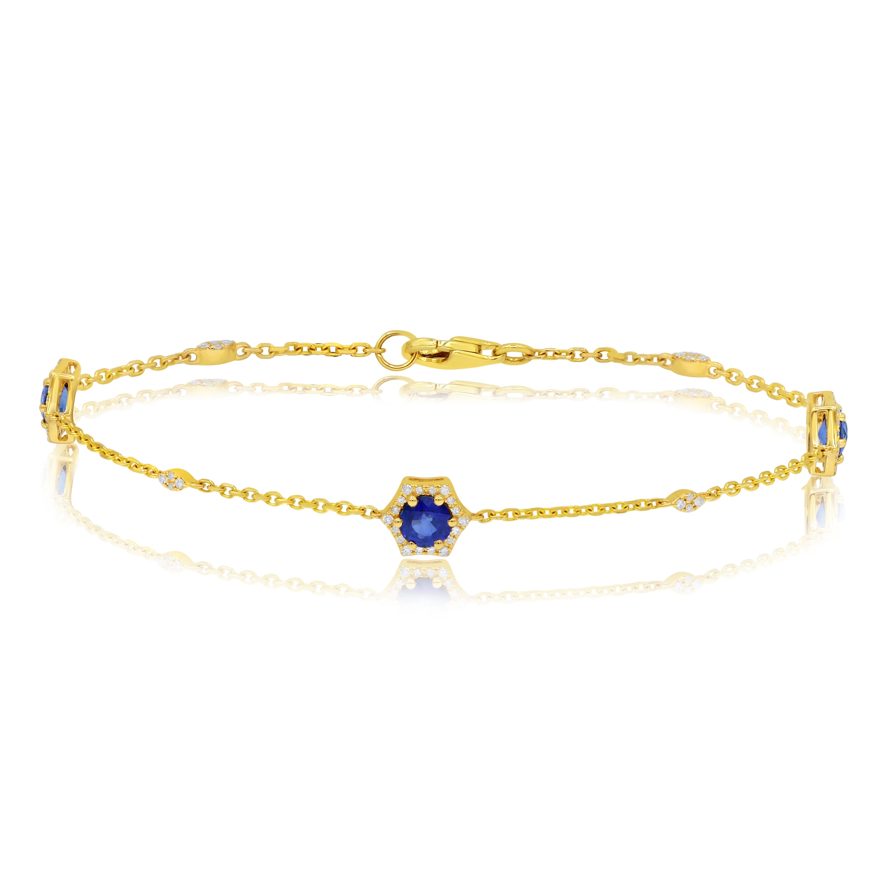 1.51 ct. Sapphire & 0.19 ct. Diamond 14K Yellow Gold 3 Station Classic Bracelet