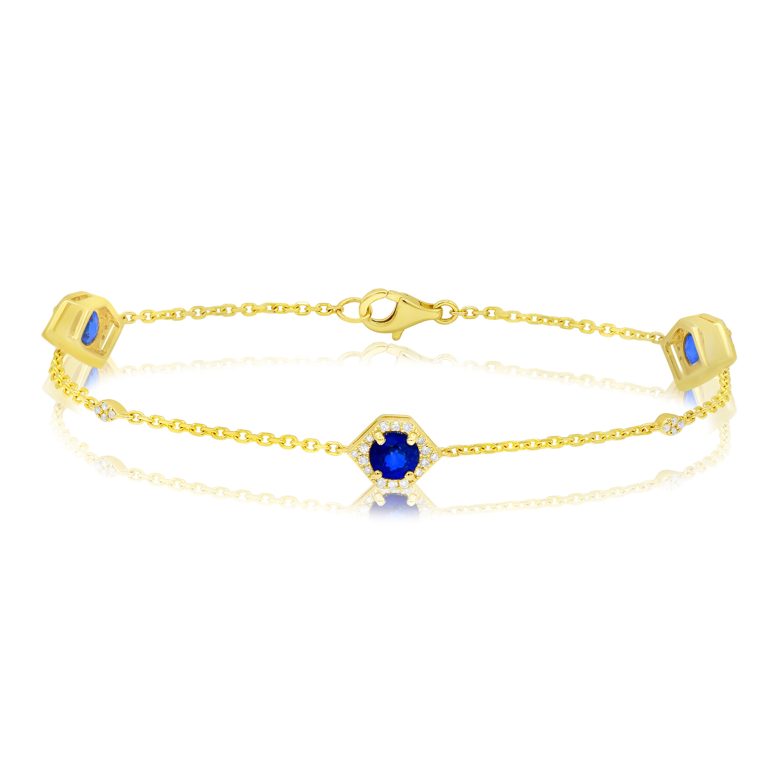 1.52 ct. Sapphire & 0.17 ct. Diamond 14K Yellow Gold 3 Station Classic Bracelet