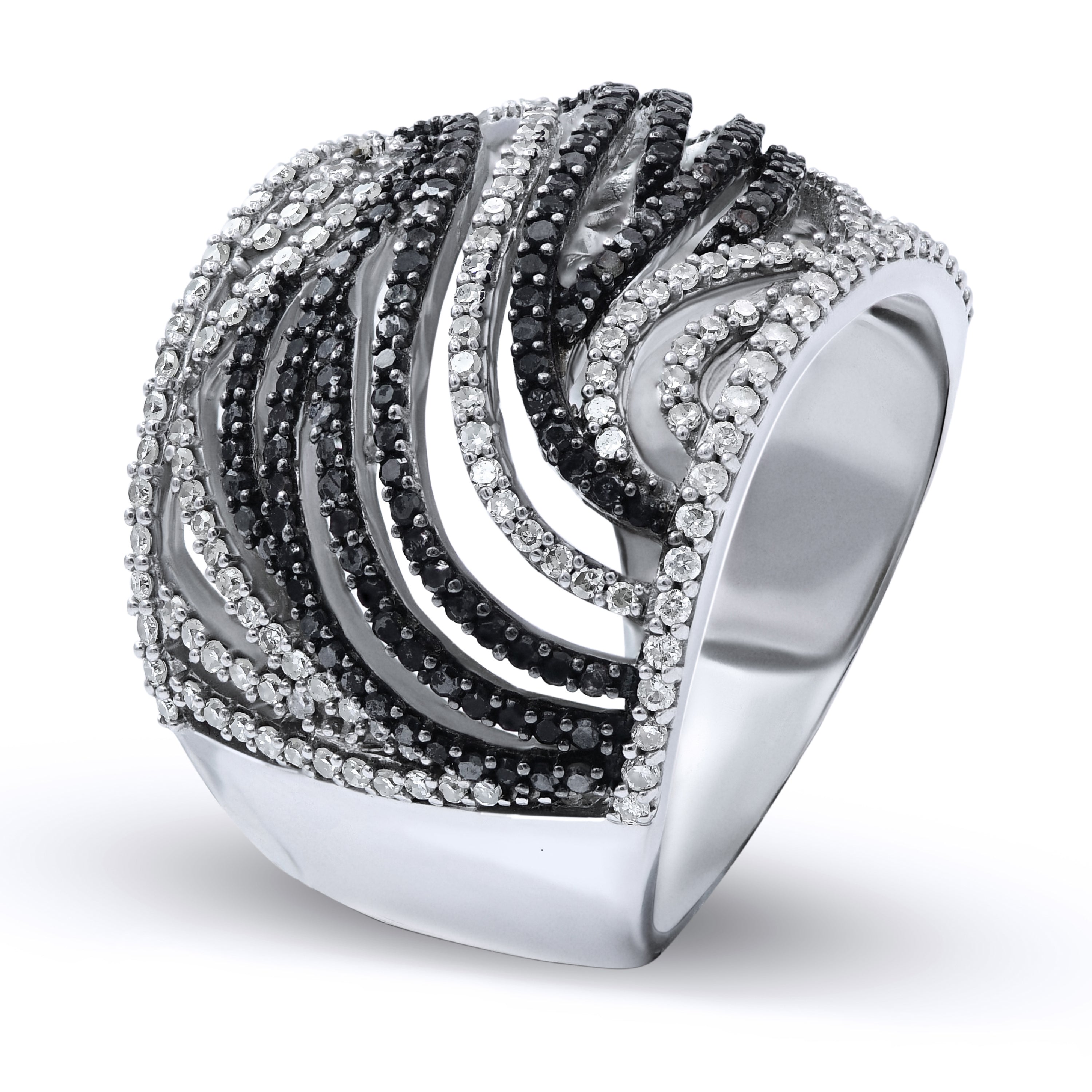 1.09 ct. Black & White Diamond 14K White Gold Crisscross Wave Ring