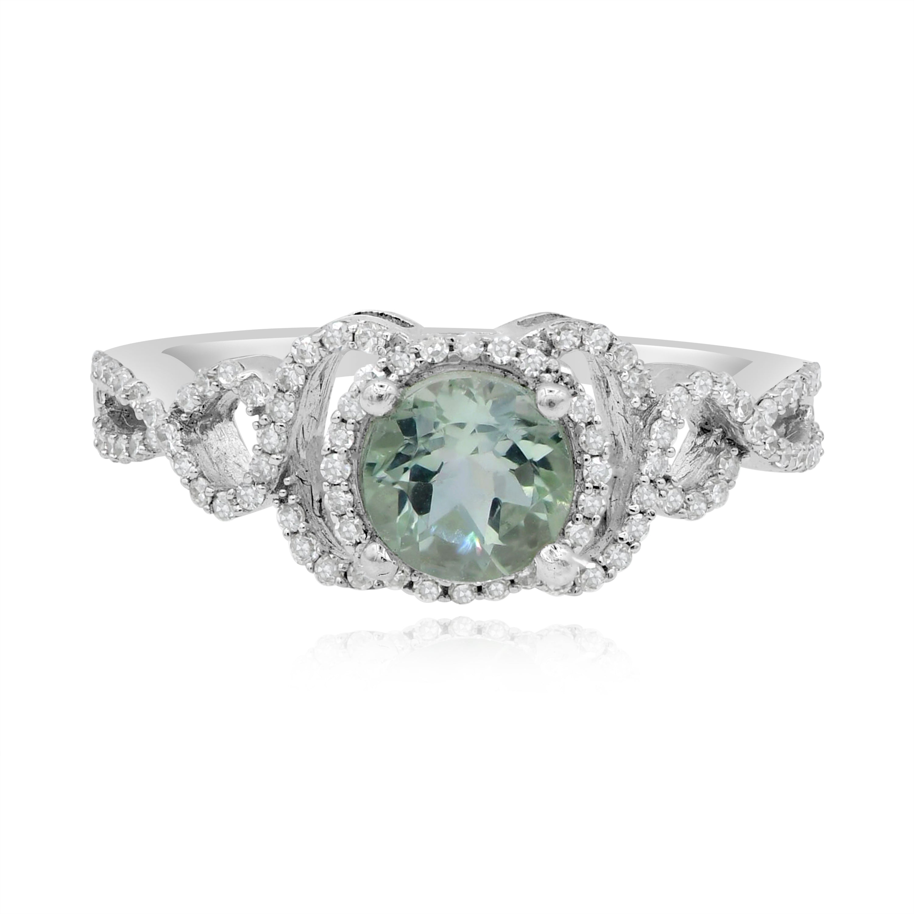 0.8 ct. Green Amethyst & 0.3 ct. Diamond 14K White Gold Halo Twist Ring