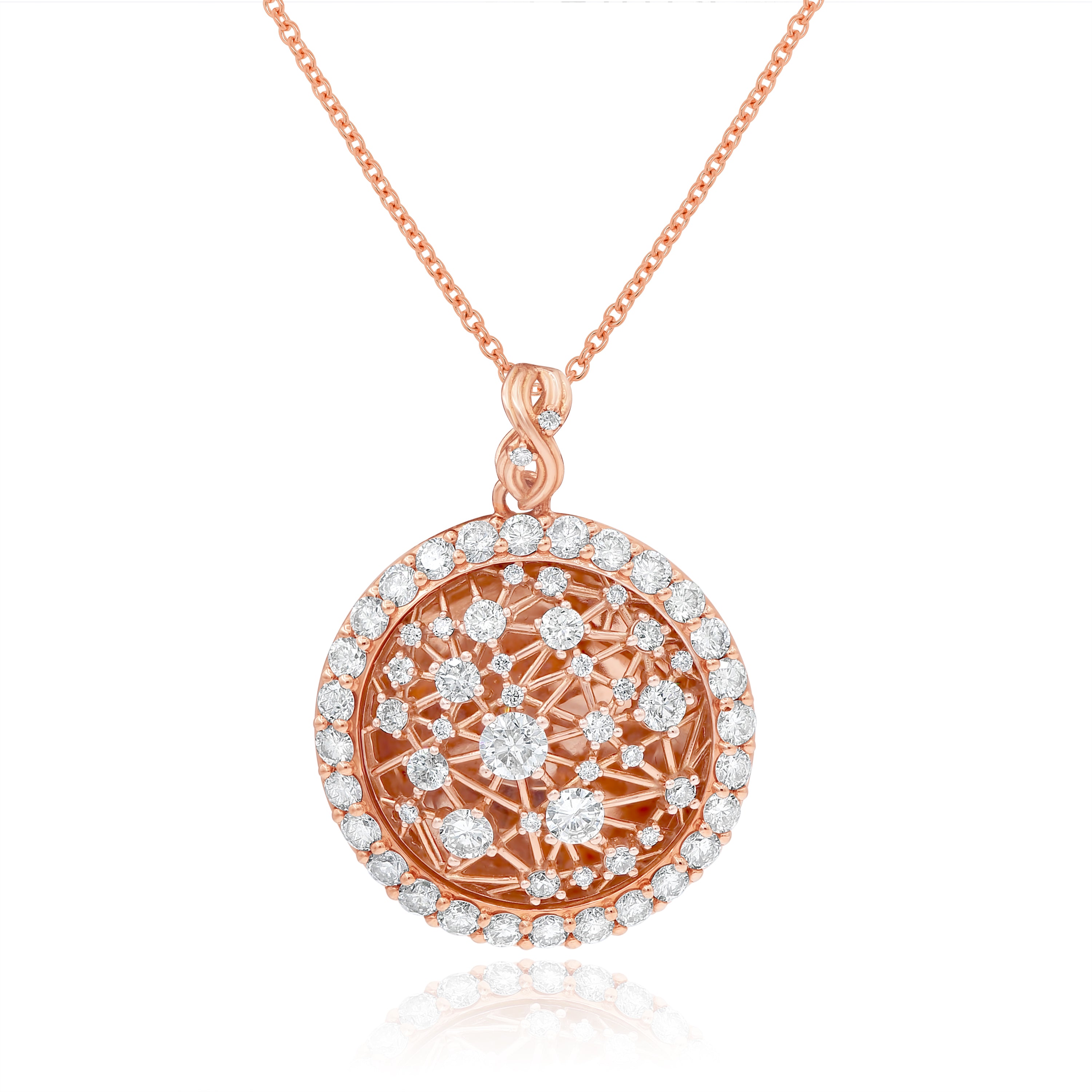 4.11 ct. Diamond 14K Rose Gold Filigree Web Etoile Circular Floating Pendant