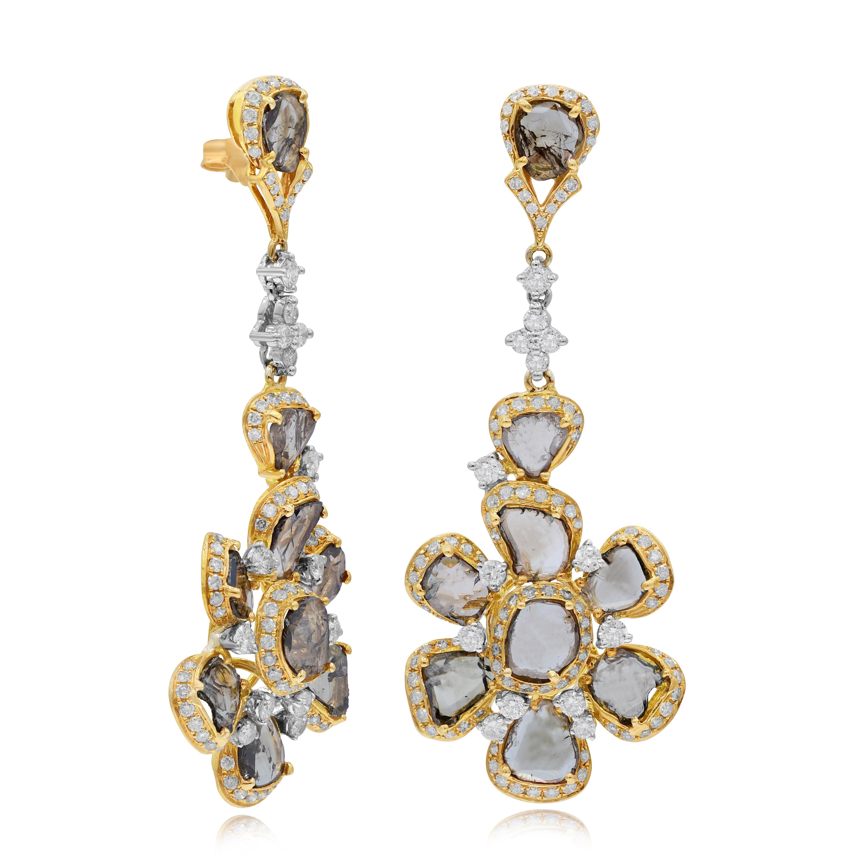 4.11 ct. Ice Diamond & 2.1 ct. White Diamond 18K Three Tone Gold Flower Drop Earrings
