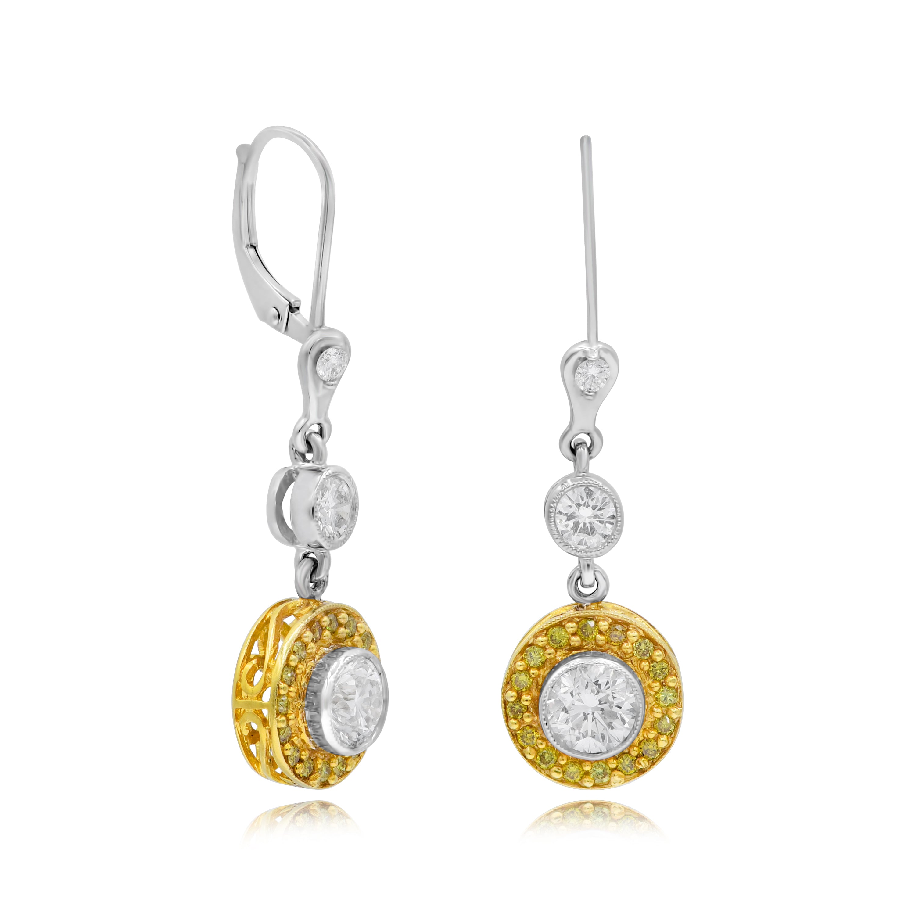 1.69 ct. Yellow & White Diamond 18K Two Tone Gold Circle Frame Cluster Dangle Earrings