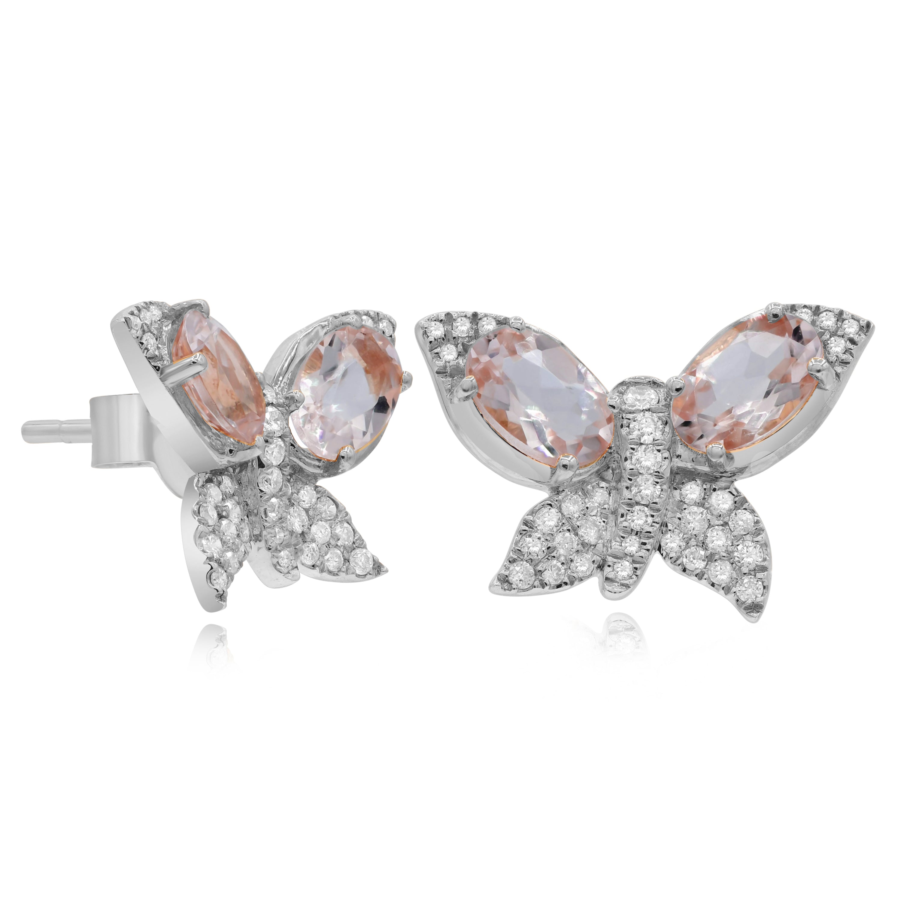 1.47 ct. Morganite & 0.23 ct. Diamond 14K White Gold Butterfly Stud Earrings