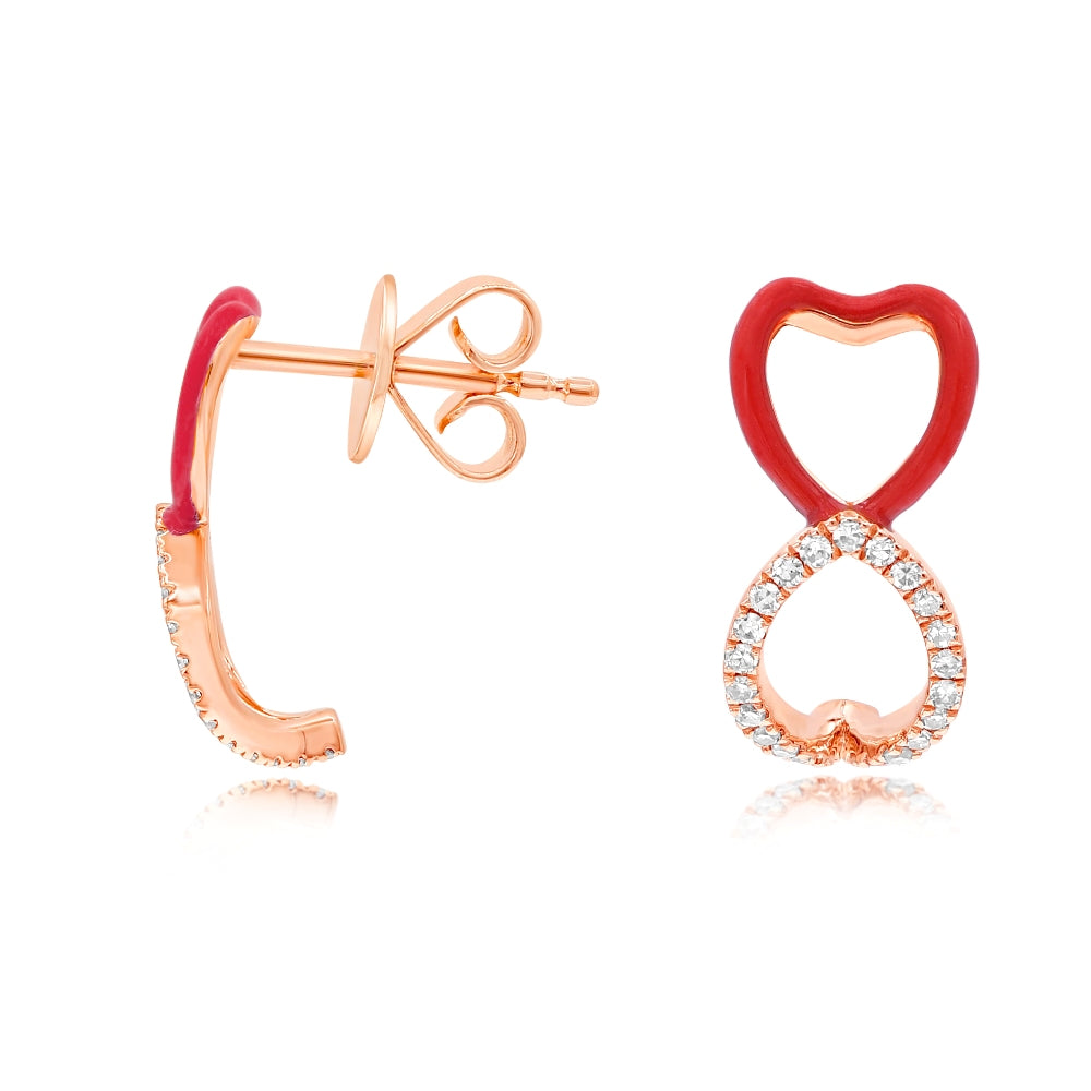 0.2 ct. Diamond 14K Rose Gold Red Enamel Double Heart Pushback Earrings