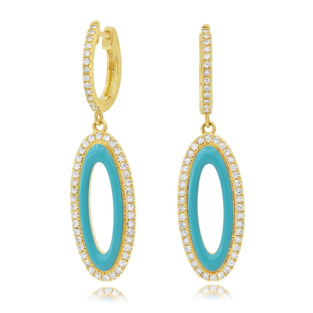 0.52 ct. Diamond 14K Yellow Gold Turquoise Enamel Oval Huggie Earrings