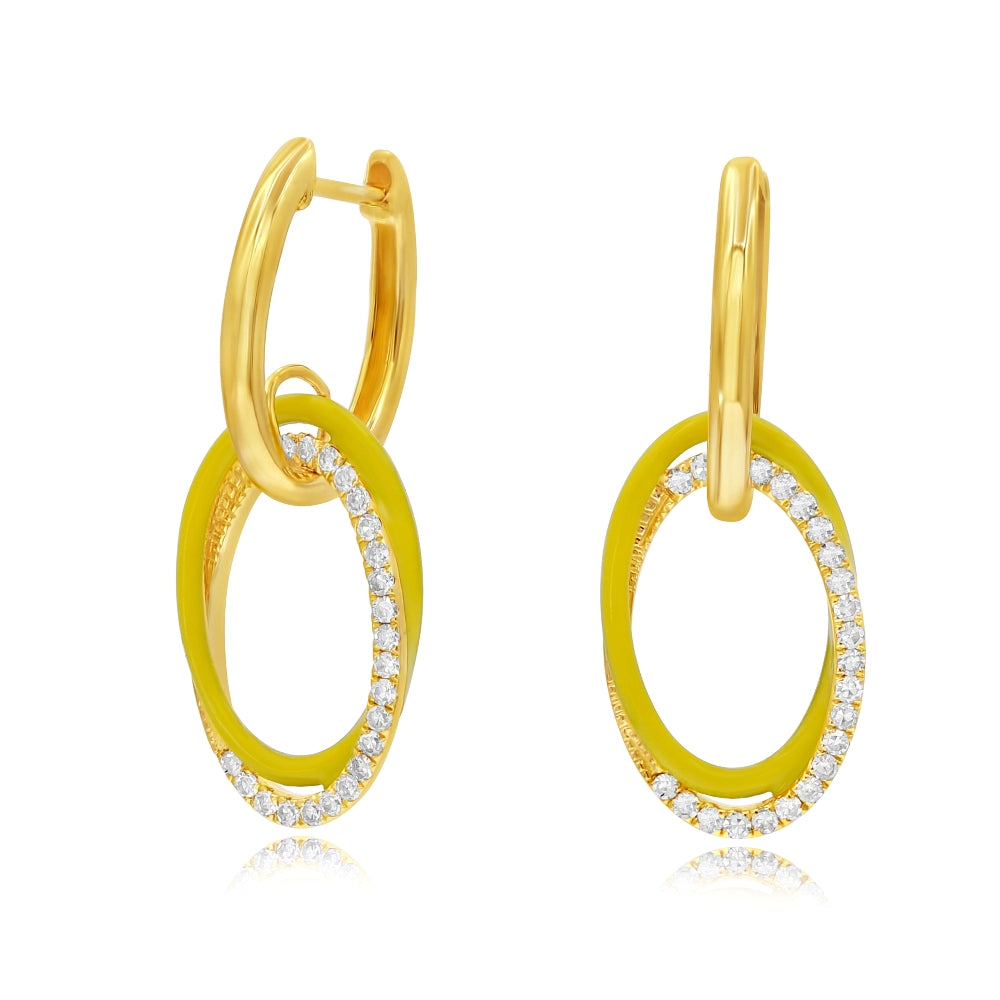 0.24 ct. Diamond 14K Yellow Gold Yellow Enamel Double Interlocking Ovals Huggie Earrings