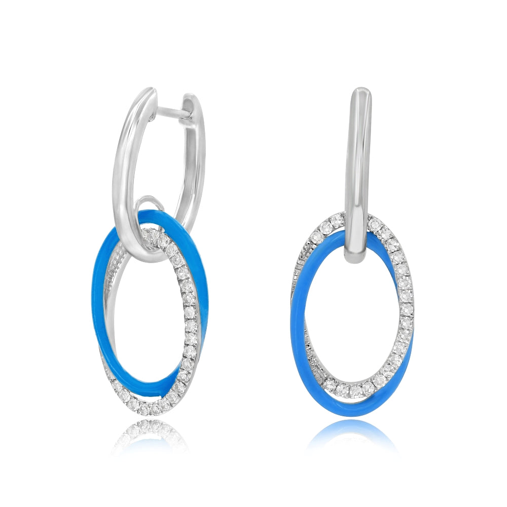 0.24 ct. Diamond 14K White Gold Blue Enamel Double Interlocking Ovals Huggie Earrings