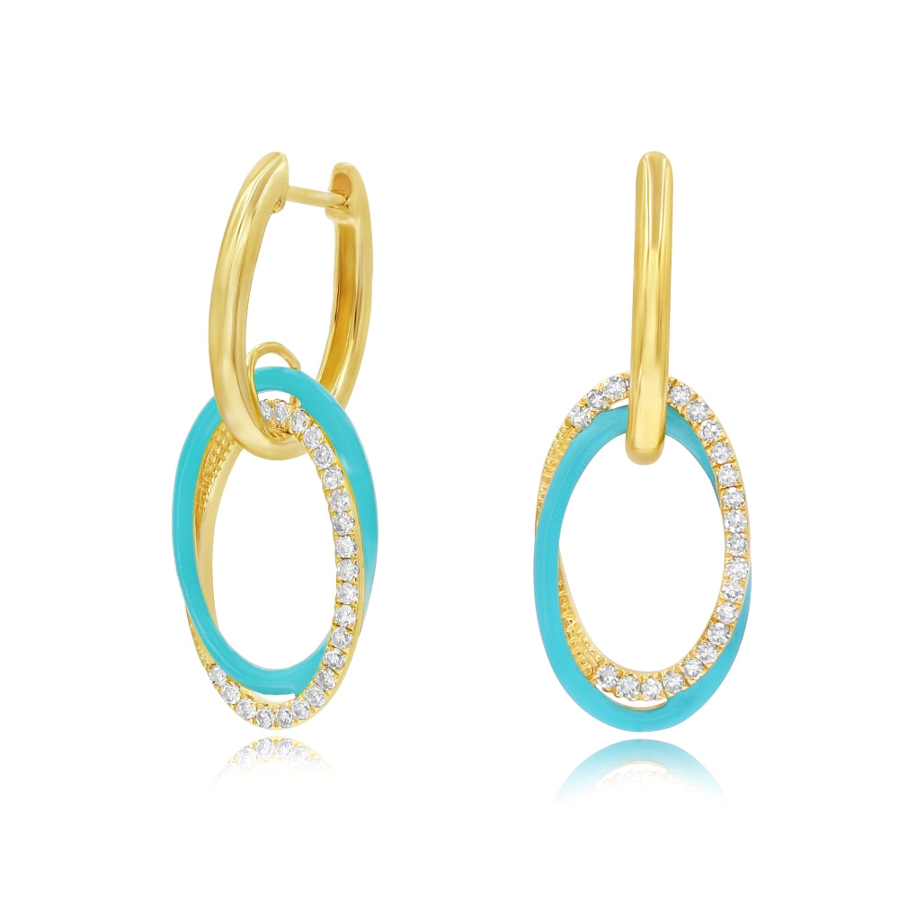 0.23 ct. Diamond 14K Yellow Gold Turquoise Enamel Double Interlocking Ovals Huggie Earrings