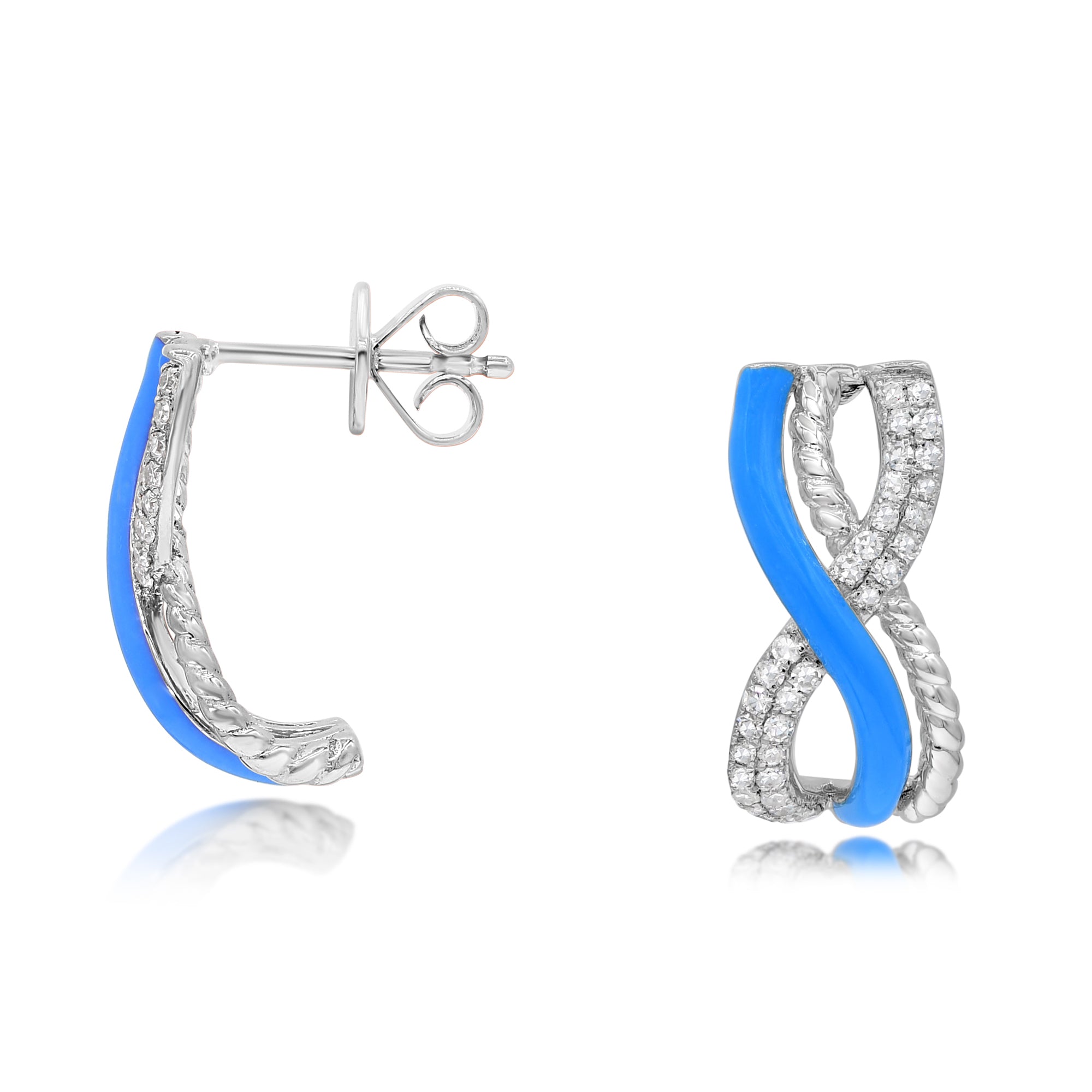 0.36 ct. Diamond 14K White Gold Blue Enamel Crisscross Infinity Pushback Earrings