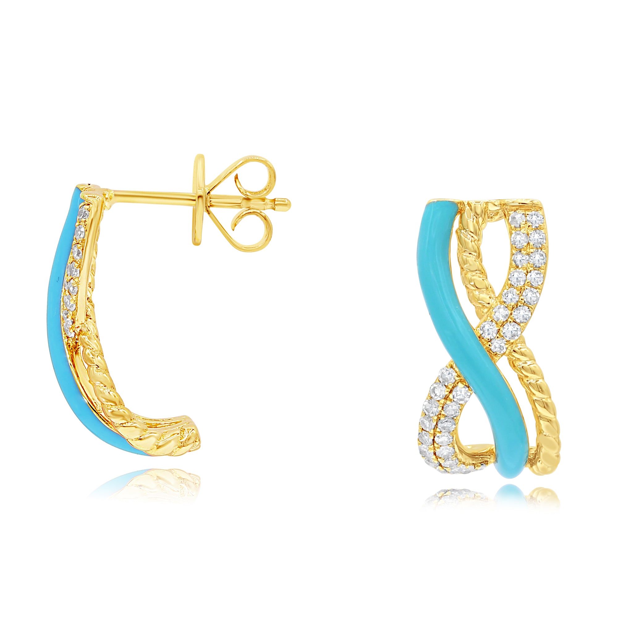 0.35 ct. Diamond 14K Yellow Gold Turquoise Enamel Crisscross Infinity Pushback Earrings