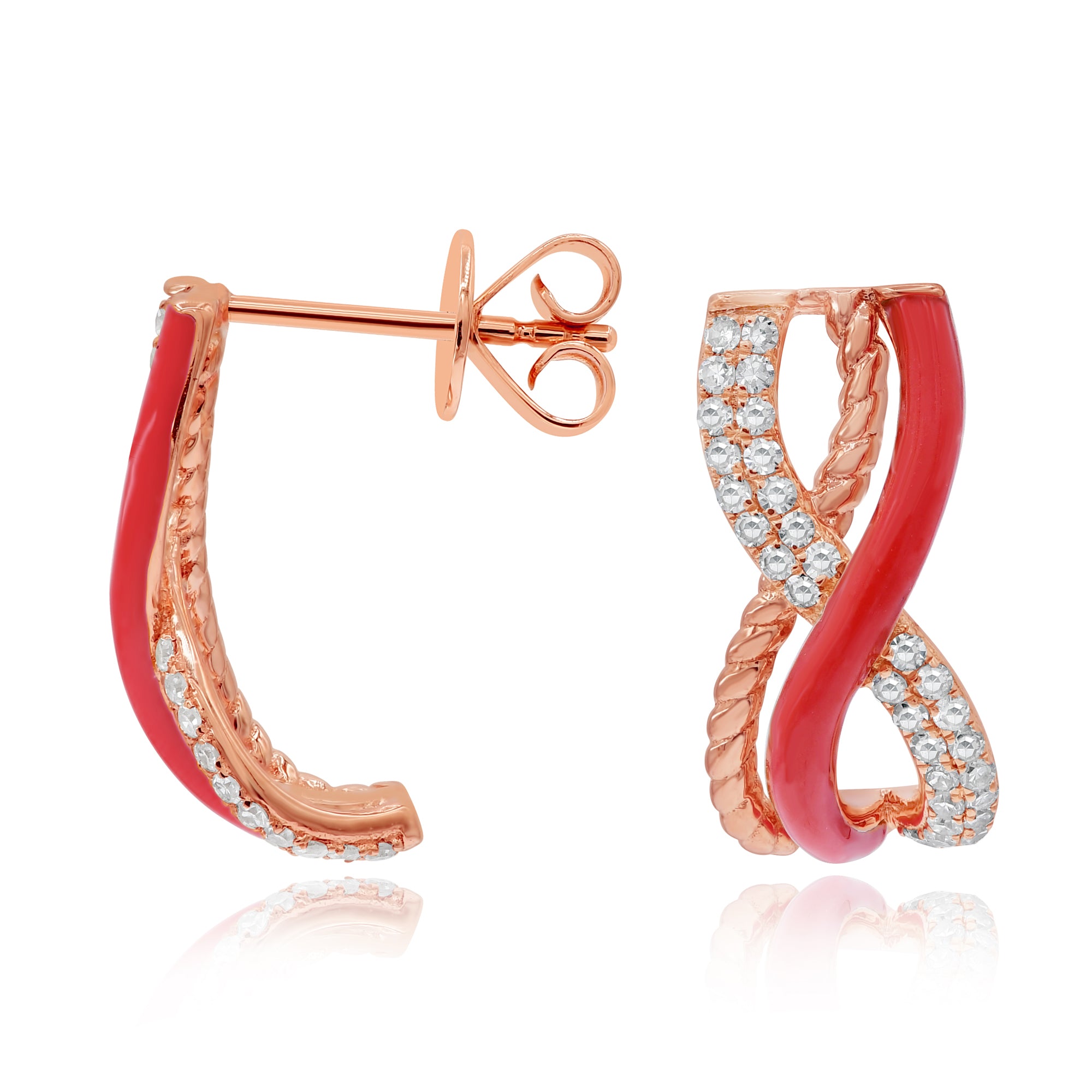 0.35 ct. Diamond 14K Rose Gold Red Enamel Crisscross Infinity Pushback Earrings