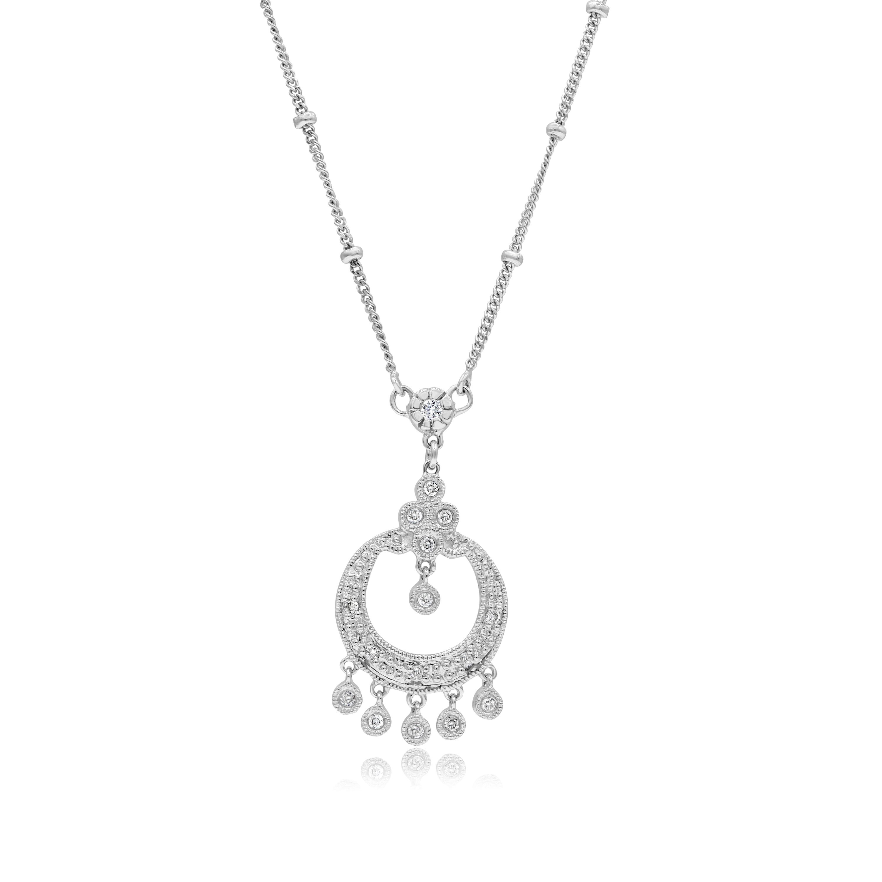 0.15 ct. Diamond 14K White Gold Dangling Charms Drop Pendant Necklace