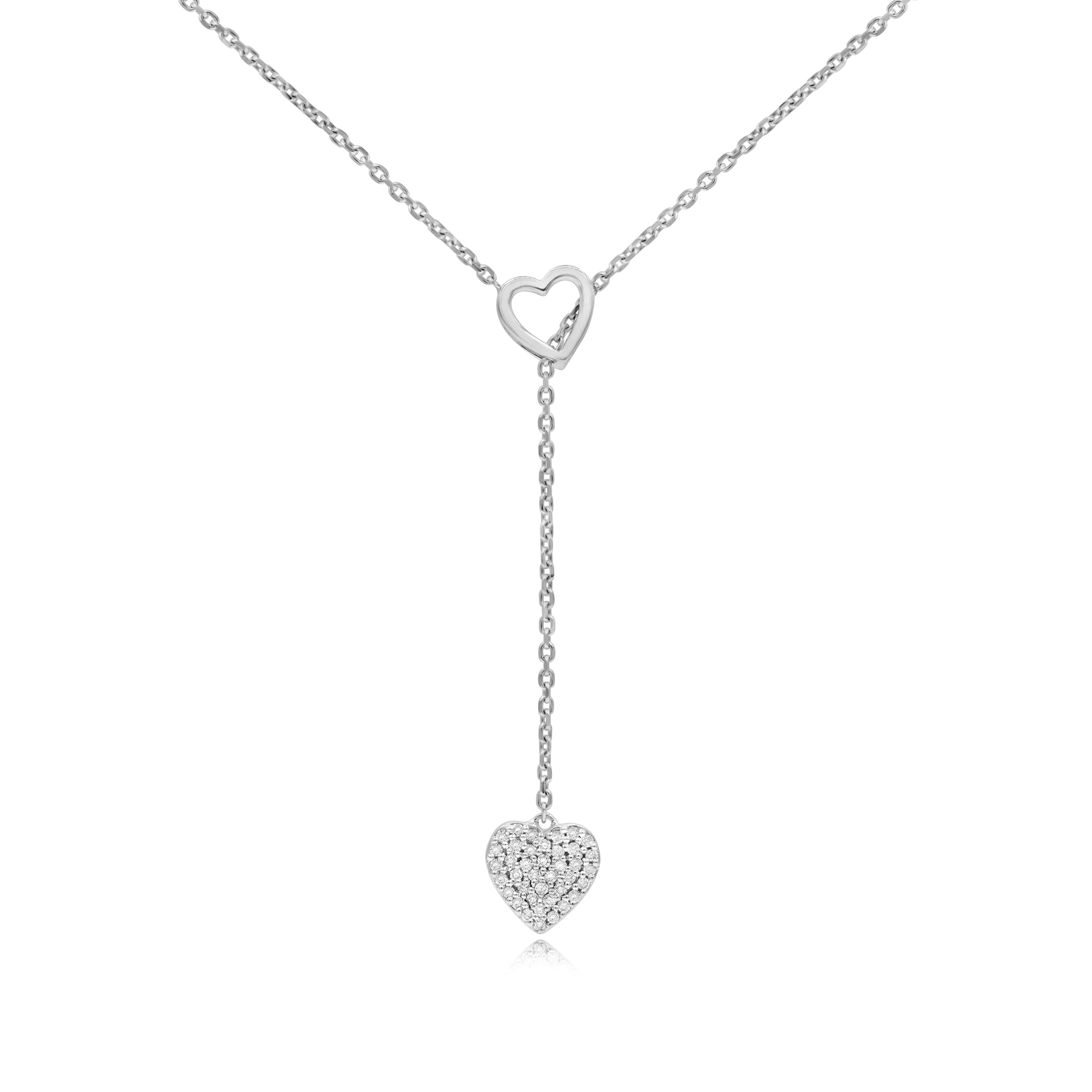 0.17 ct. Diamond 14K White Gold Double Heart Dangle Rosary Necklace 18"