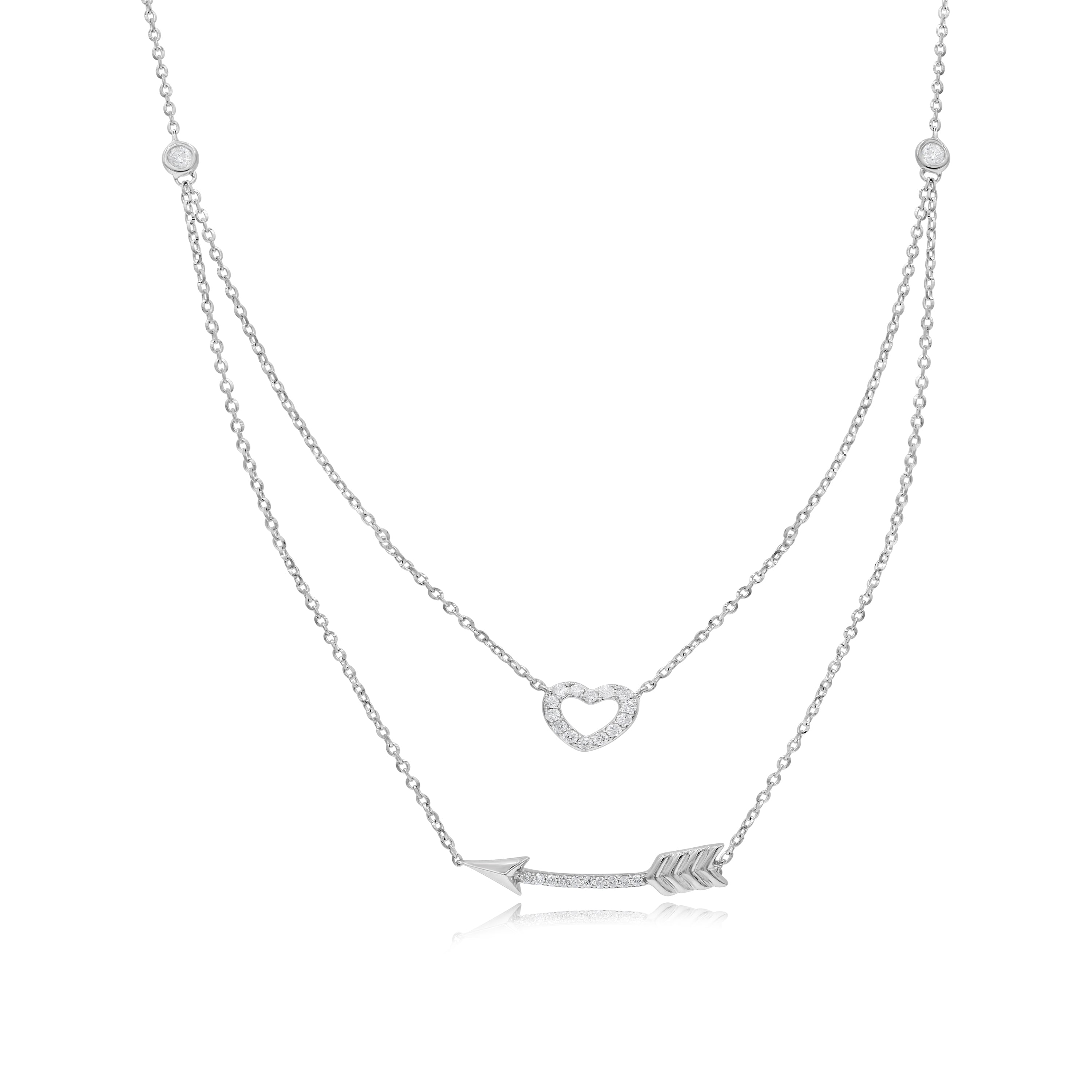0.18 ct. Diamond 14K White Gold Heart & Arrow Charm Layered Pendant Necklace 18"