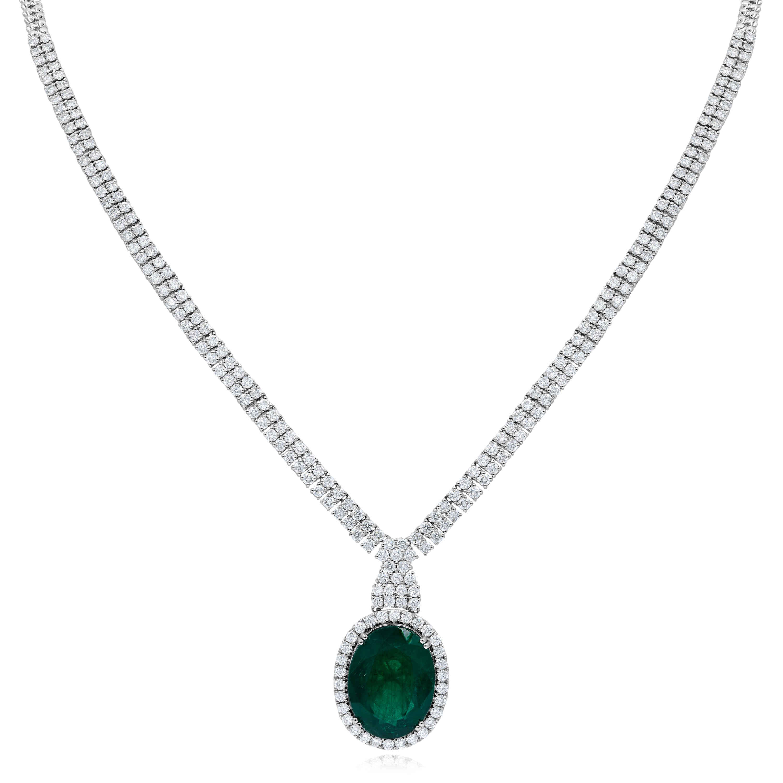 20.23 ct. Emerald & 9.57 ct. Diamond 18K White Gold Oval Halo Necklace