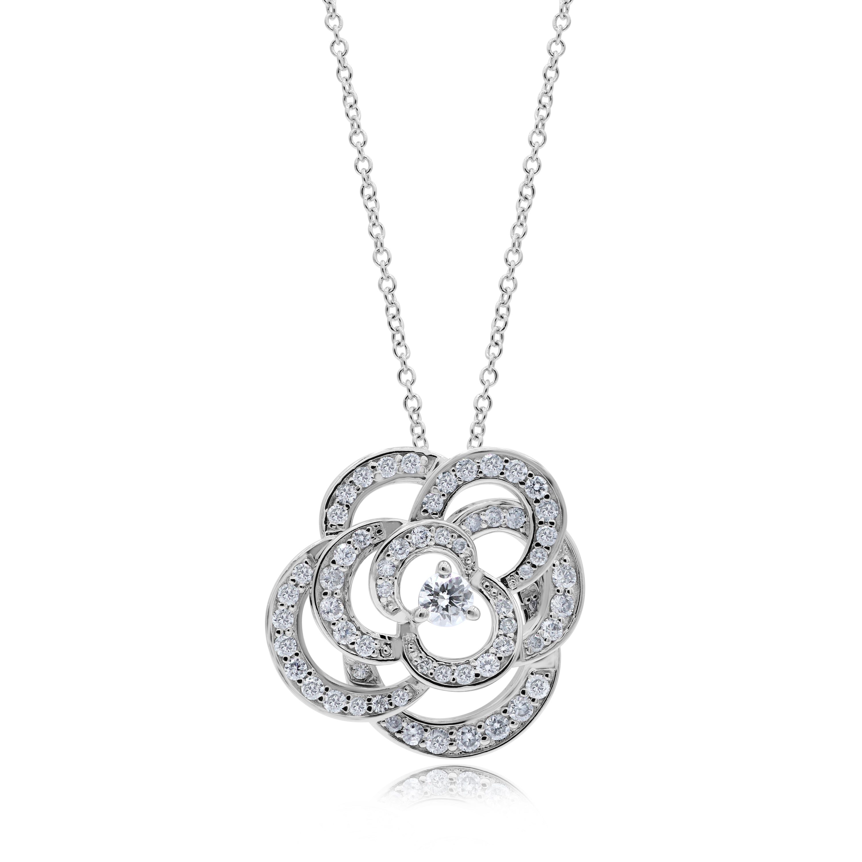 0.83 ct. Diamond 14K White Gold Open Flower Pendant Necklace