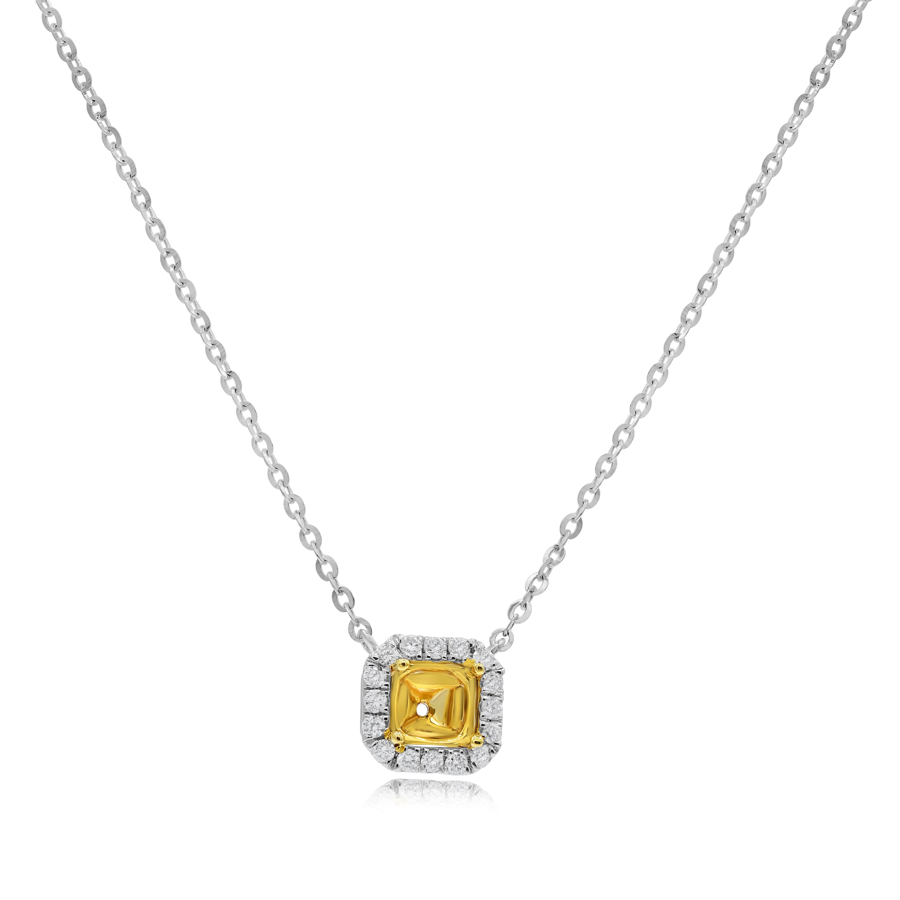 0.16 ct. Diamond 14K Two Tone Gold Square Halo Pendant Necklace Mounting 18"