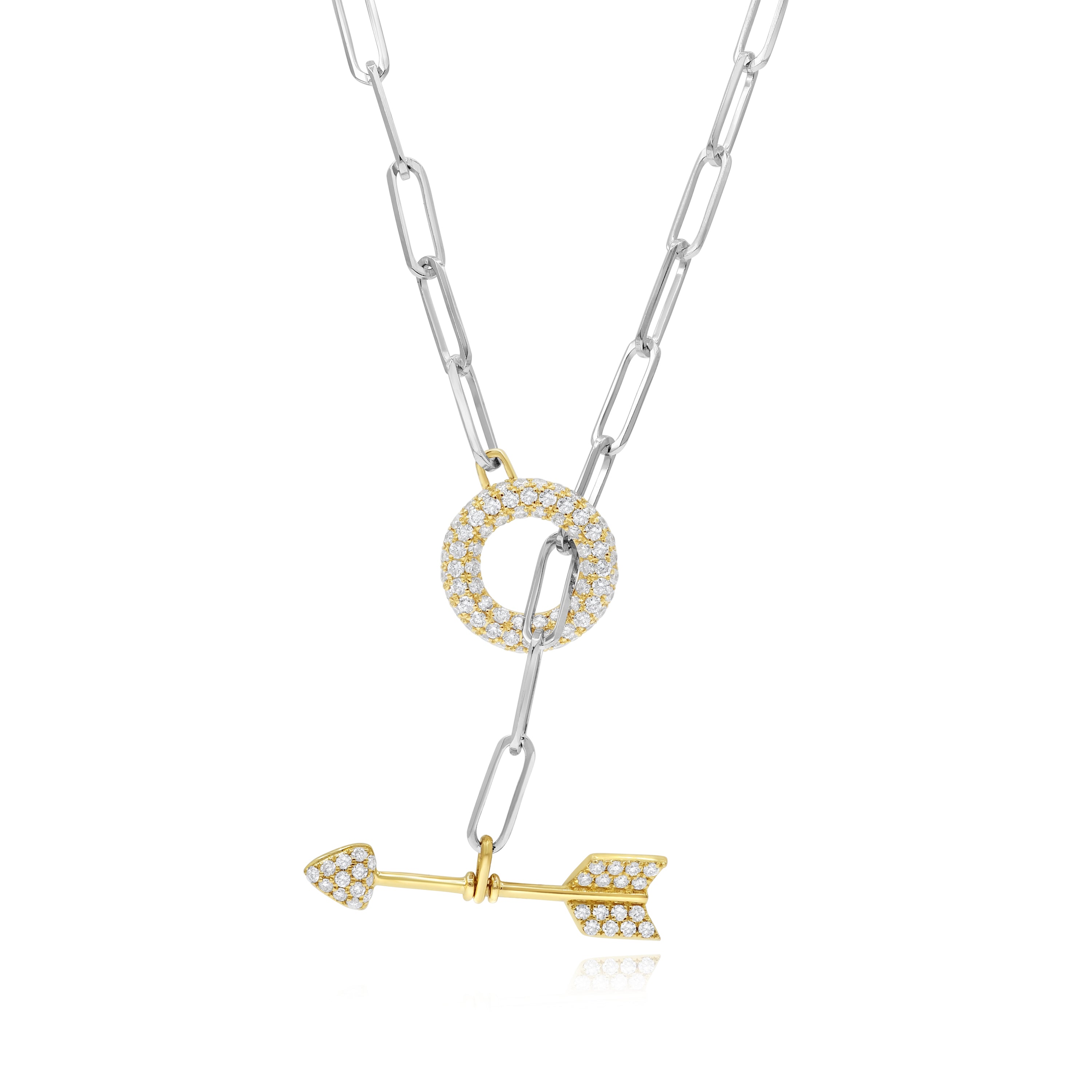 0.83 ct. Diamond 14K Two Tone Gold Arrow Toggle Paperclip Link Statement Necklace 16"