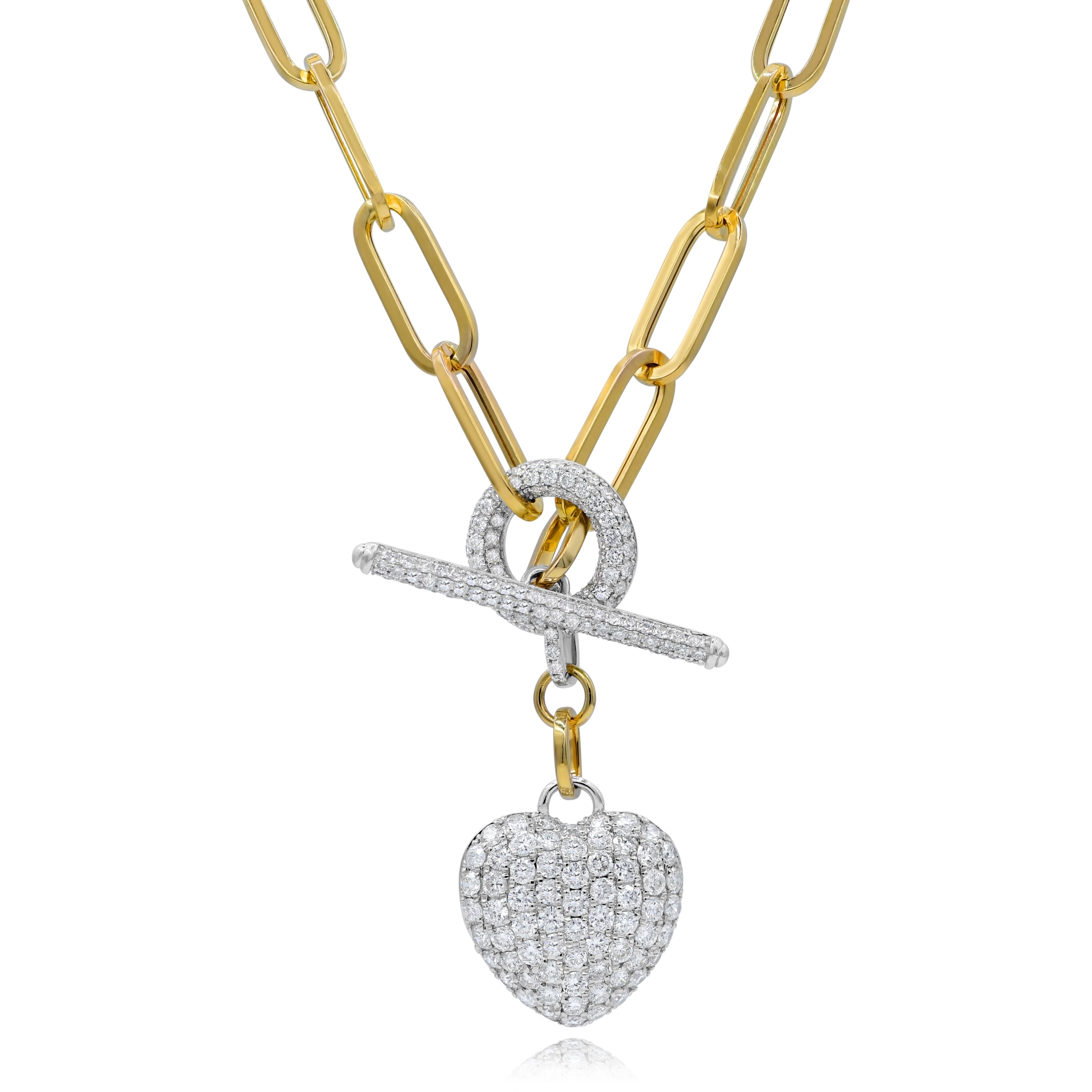 3.58 ct. Diamond 14K Two Tone Gold Heart Lock Toggle Paperclip Link Statement Necklace 24"