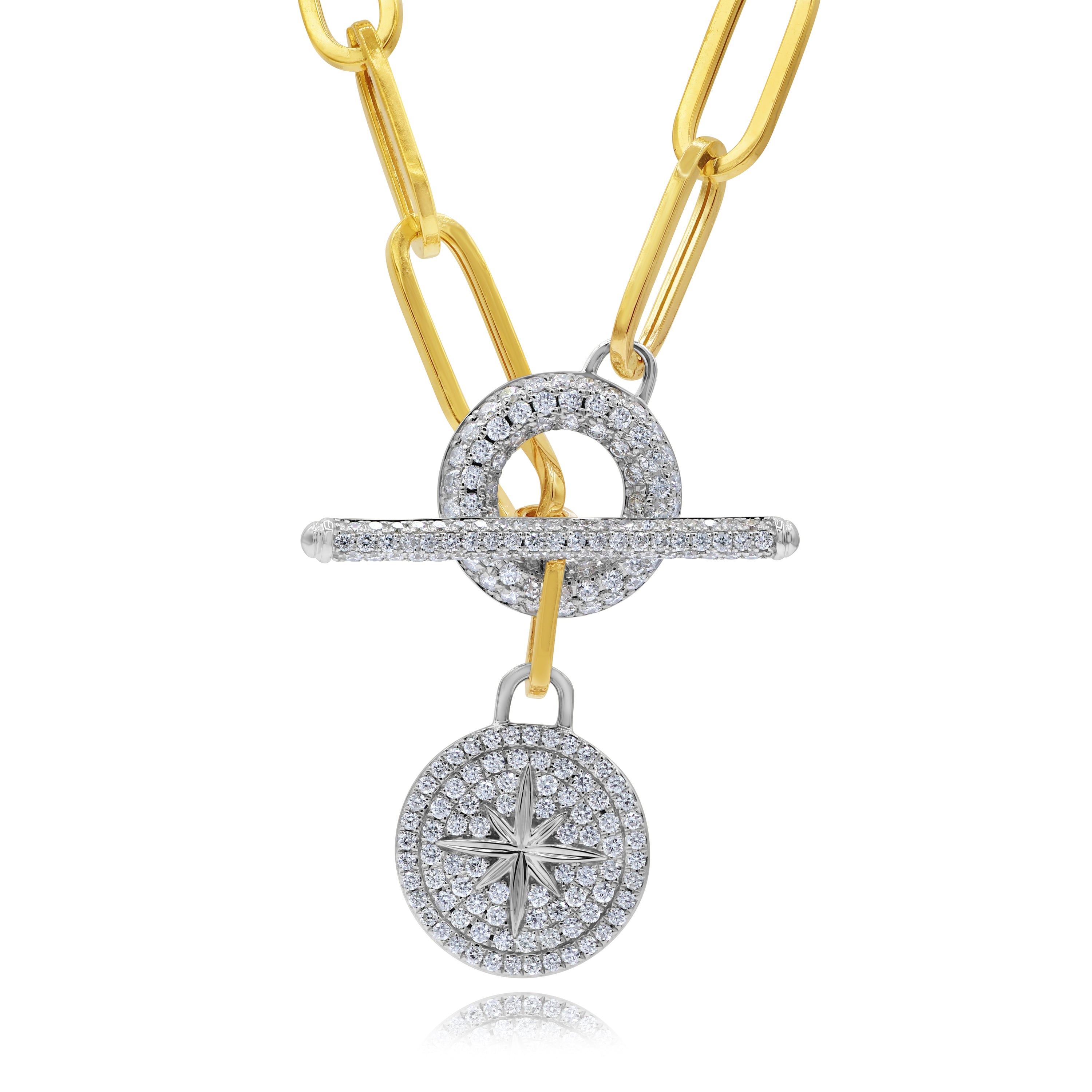 2.01 ct. Diamond 14K Two Tone Gold Lucky Lock Toggle Paperclip Link Statement Necklace 18"