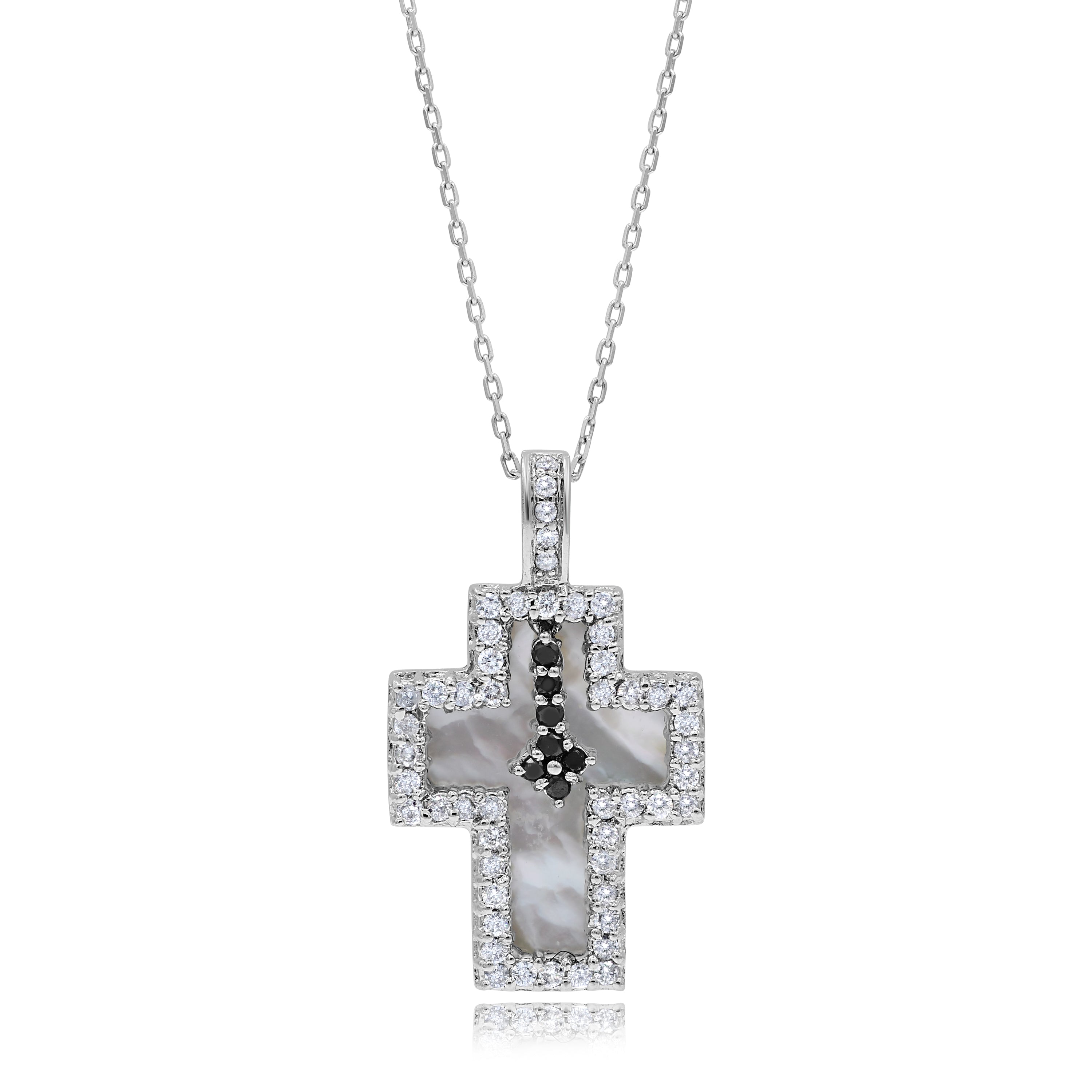 0.91 ct. Black & White Diamond 14K White Gold Cross Pendant With Chain 18"