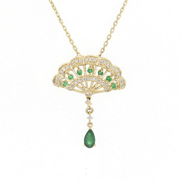 0.28 ct. Emerald & 0.18 ct. Diamond 14K Yellow Gold Fan-Shaped Drop Necklace
