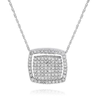 1.34 ct. Diamond 18K White Gold Halo Cushion Cluster Pendant Necklace