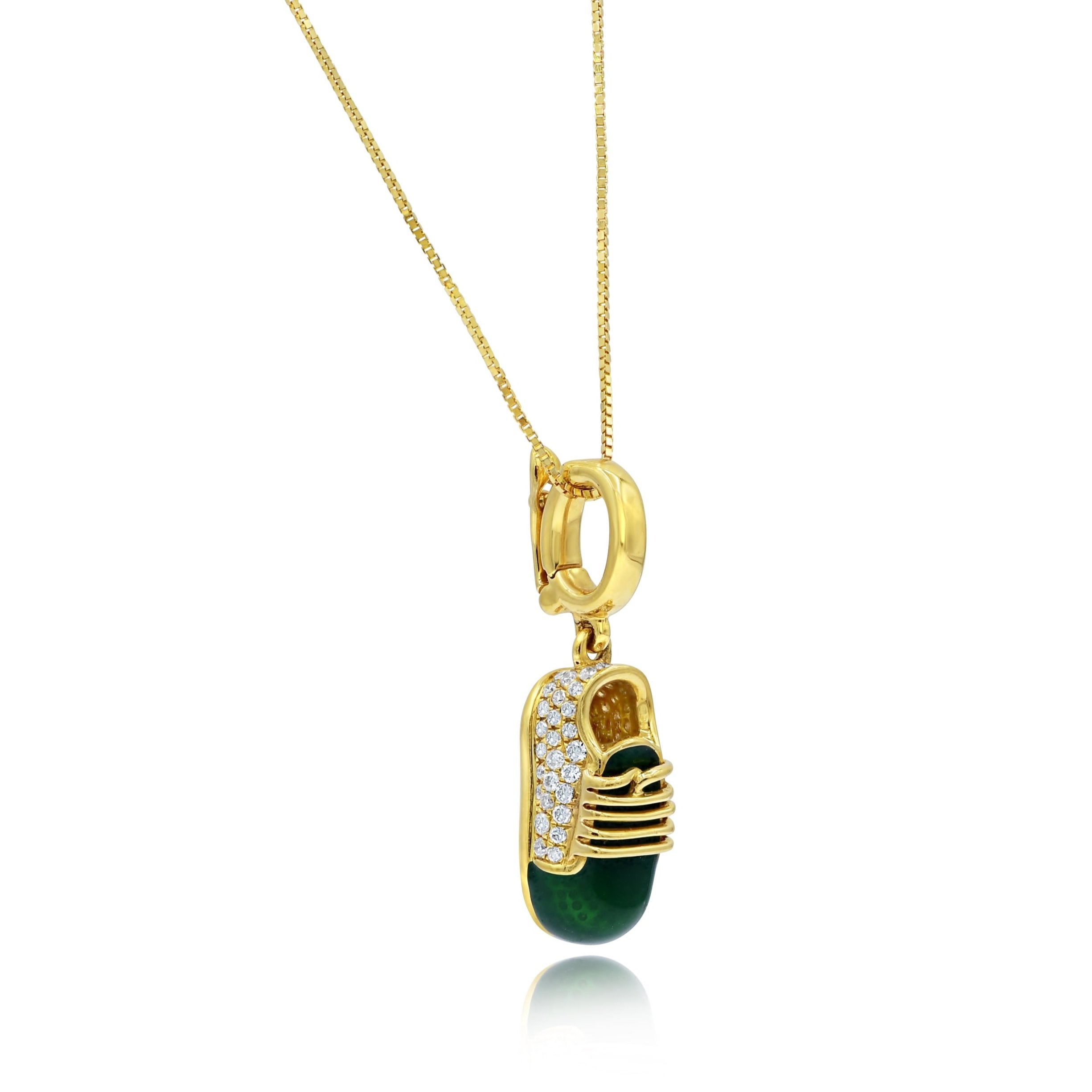 0.25 ct. Diamond 18K Yellow Gold Emerald Enamel Shoe Penadant & 18" Chain